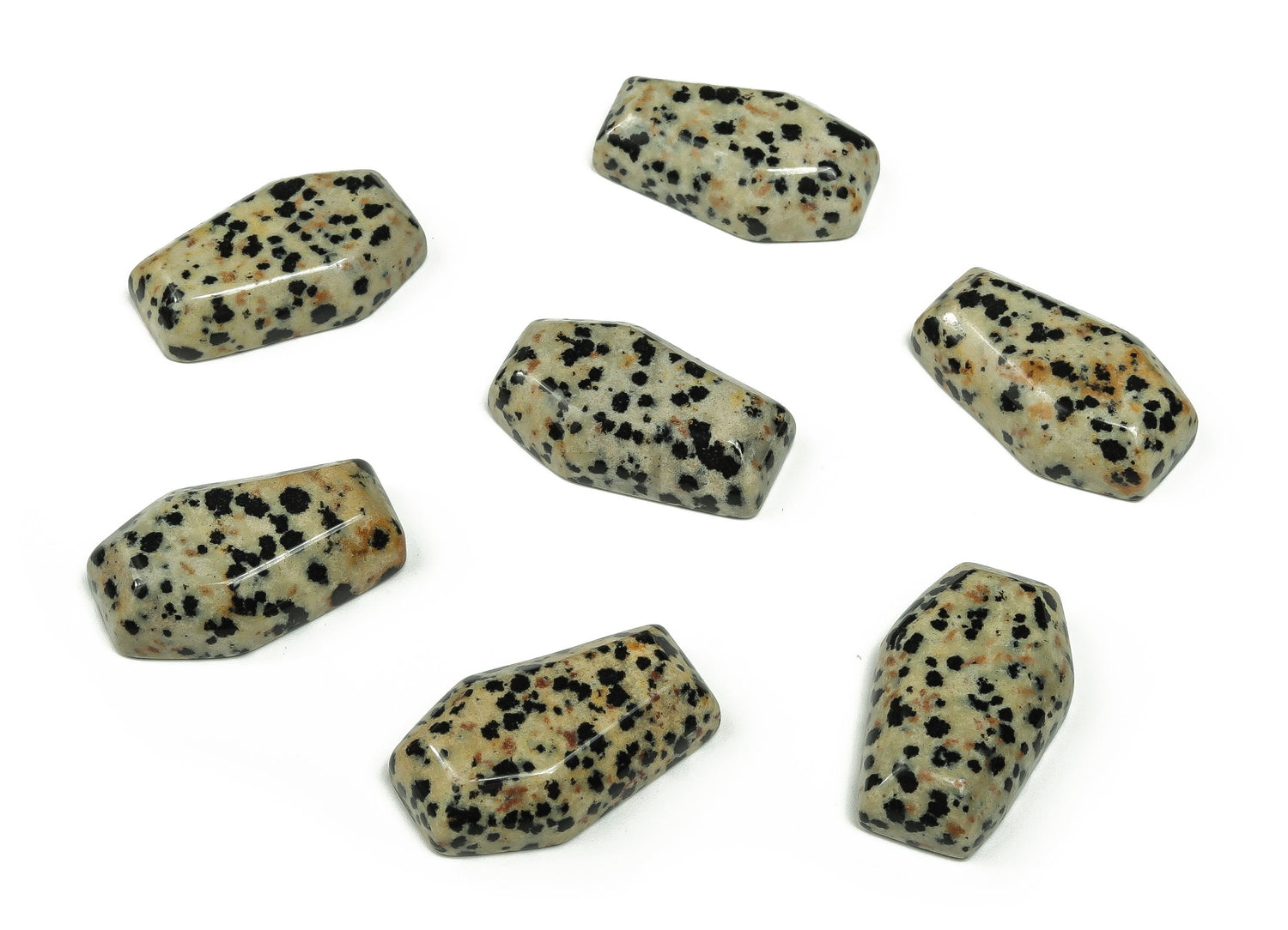 Dalmatian Jasper coffin-shaped crystal carving, 30mm cabochon from GemstoneGO, showcasing black spots on creamy stone.