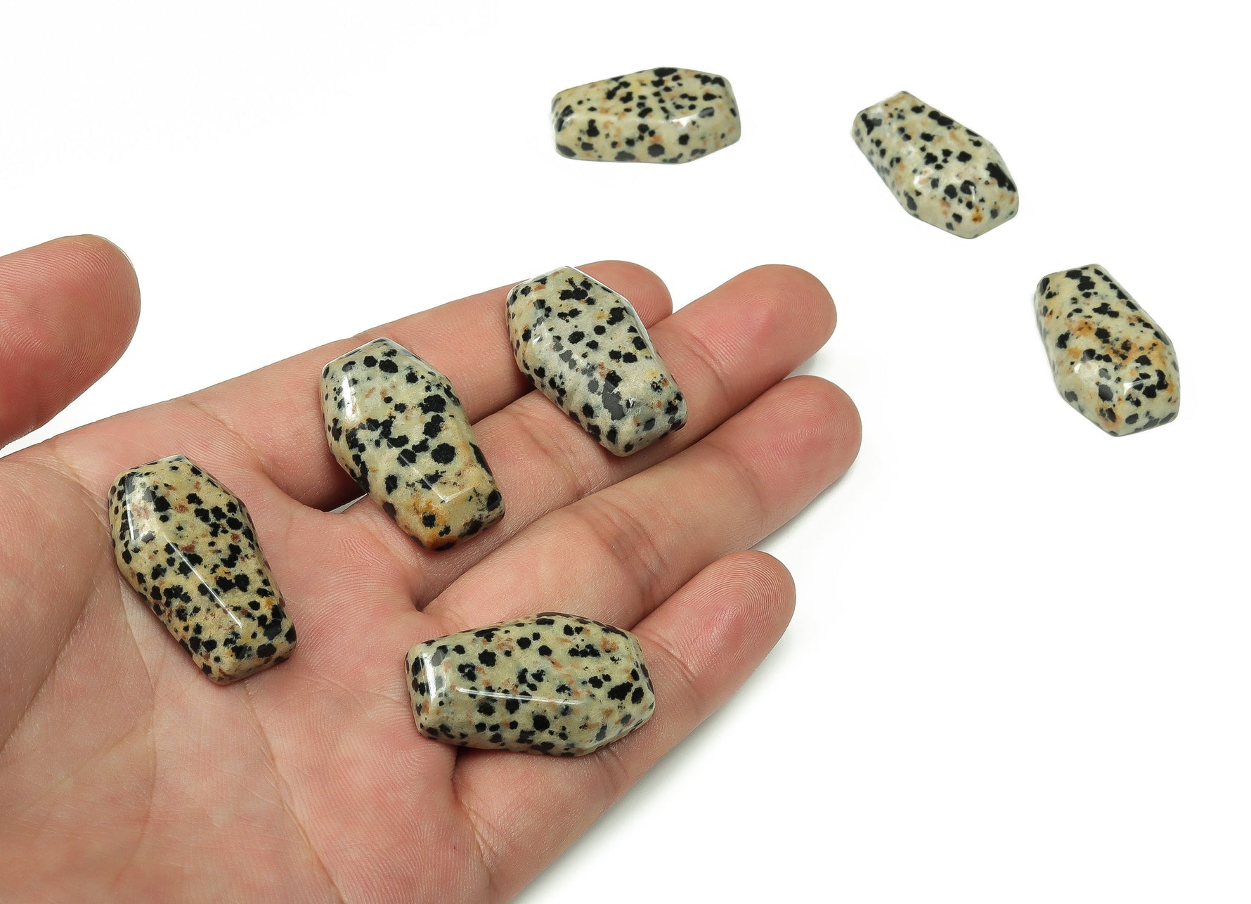 Dalmatian Jasper coffin-shaped cabochon crystal carving, 30mm, from GemstoneGO, showcasing distinctive black spots on cream stone.