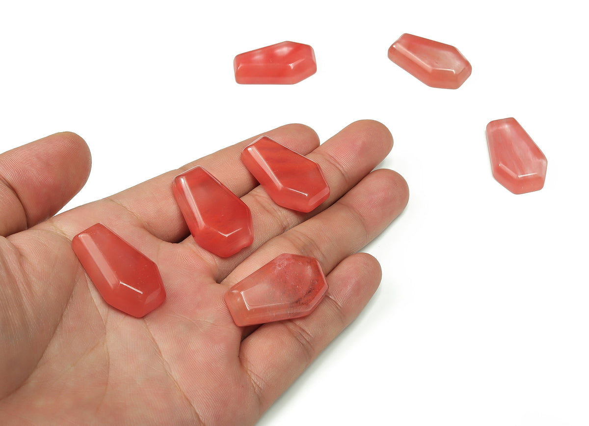 Cherry Quartz coffin-shaped crystal cabochon, 30mm gemstone carving by GemstoneGO, showcasing rich red color and smooth polished surface.