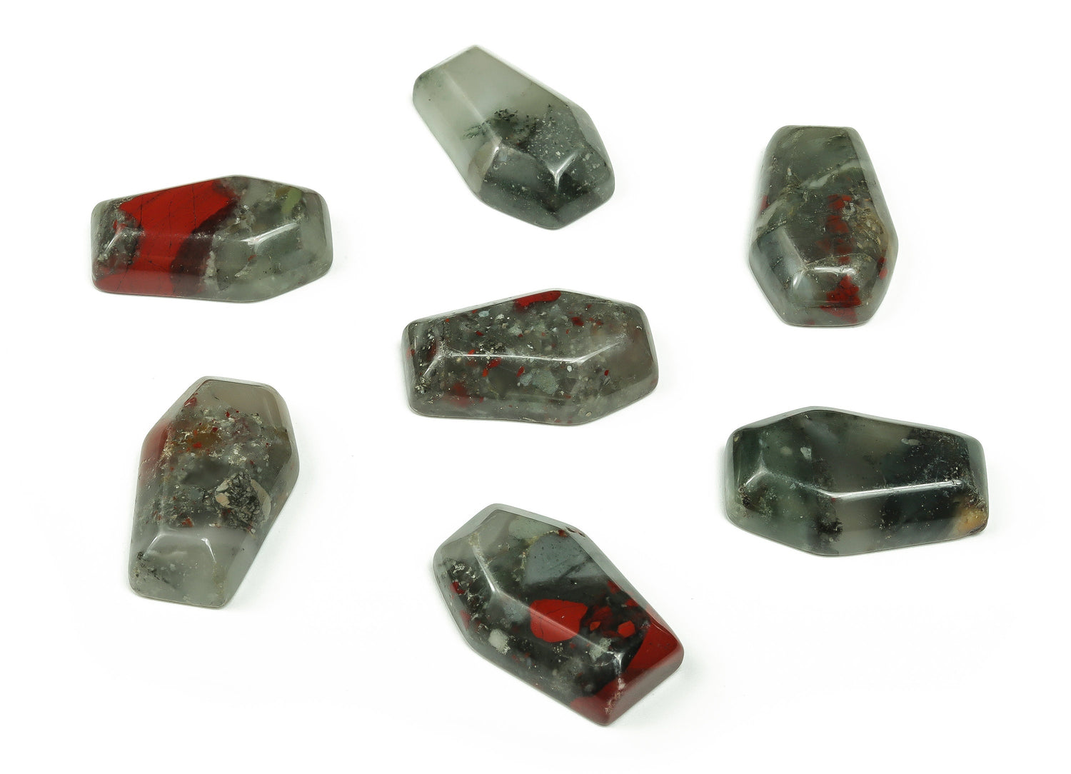 African Bloodstone Coffin Crystal cabochon, 30mm gemstone carving with rich red and green bloodstone patterns, from GemstoneGO.