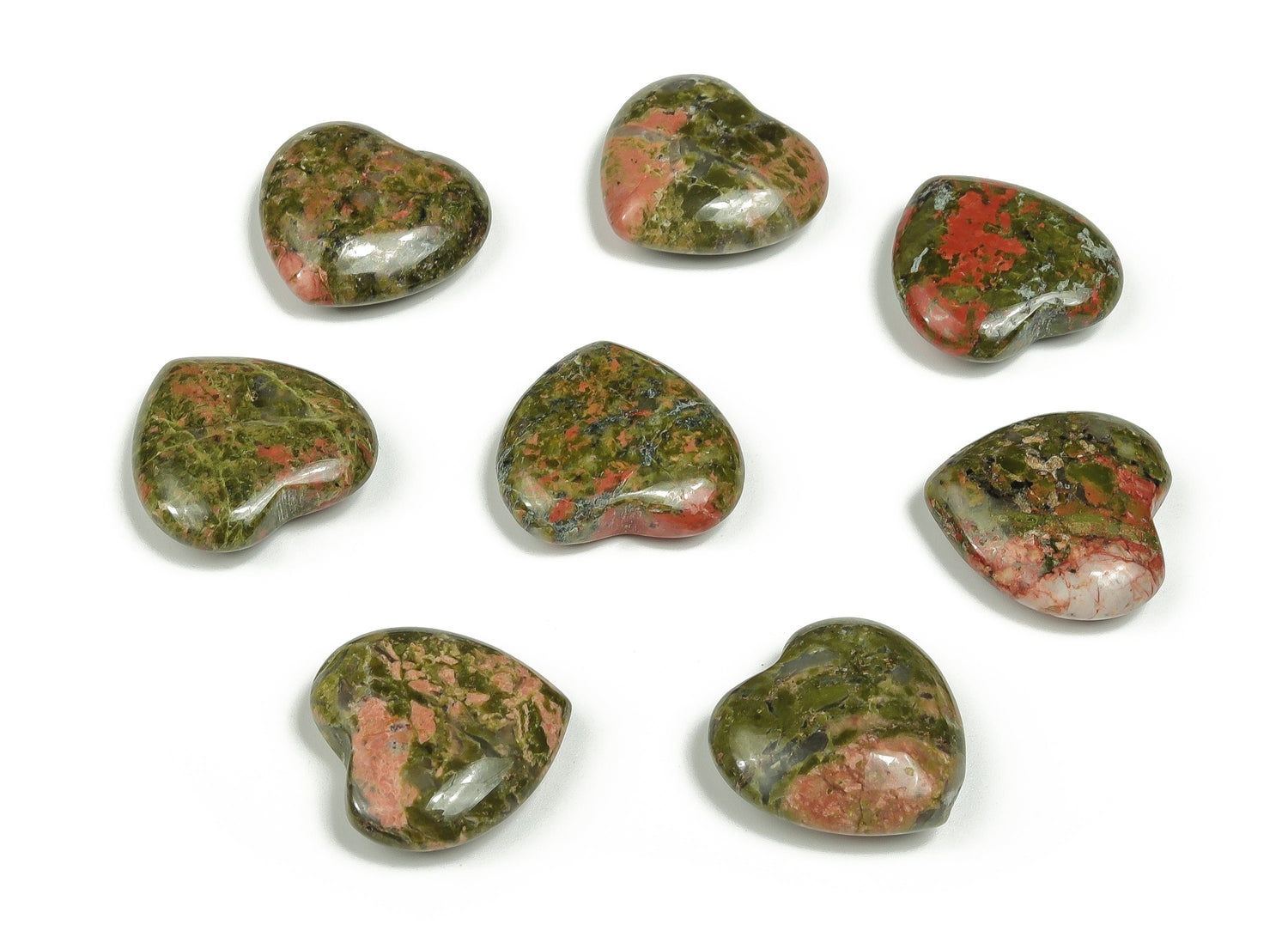 Pierre précieuse plate en forme de cœur d'unakite - Pierres de guérison - Cœur sculpté - Pierres naturelles - 20 x 20 x 6 cm - HE1053