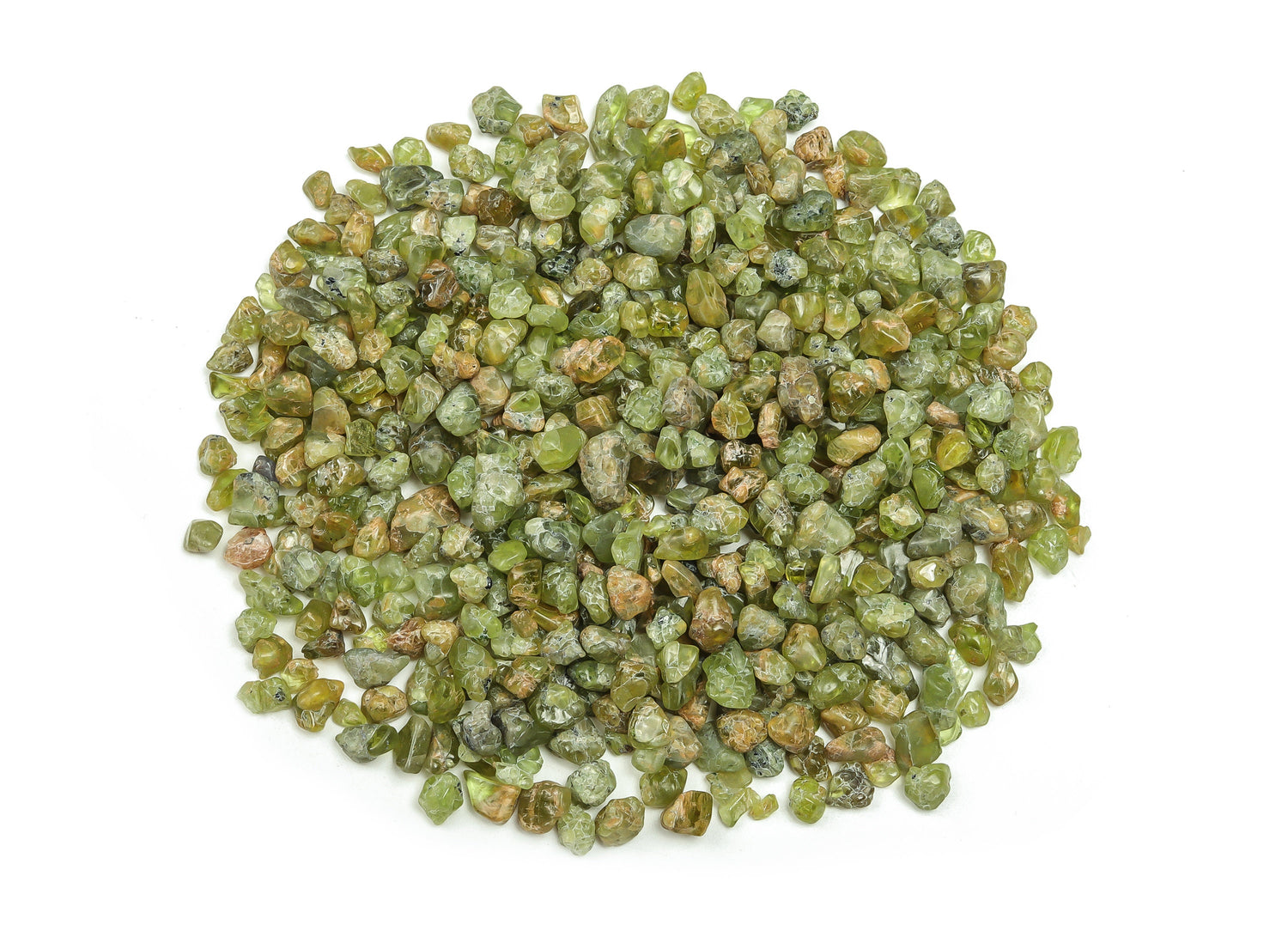 Bulk 5-10mm peridot crystal chips from GemstoneGO, semi-tumbled olivine stones for jewelry and craft projects.