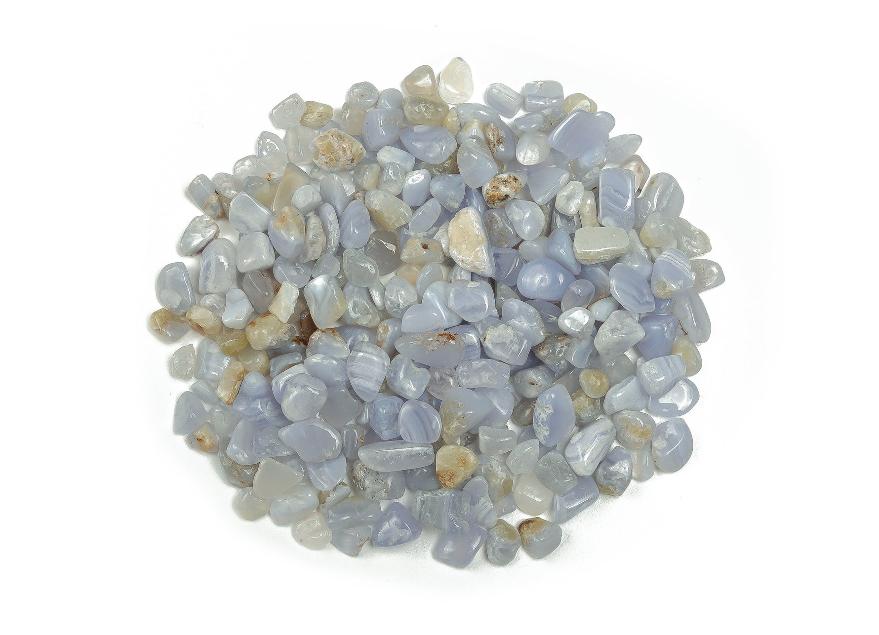Blue Lace Agate crystal chips, semi-tumbled stones in 7-12mm, from GemstoneGO, showing smooth, vibrant blue and white patterned gemstone pieces.