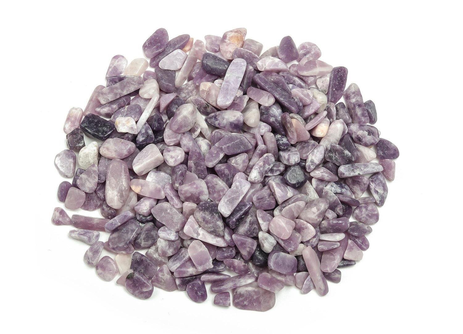 Lepidolite crystal chips from GemstoneGO, semi-tumbled 7-12mm bulk stones for jewelry and healing crafts.