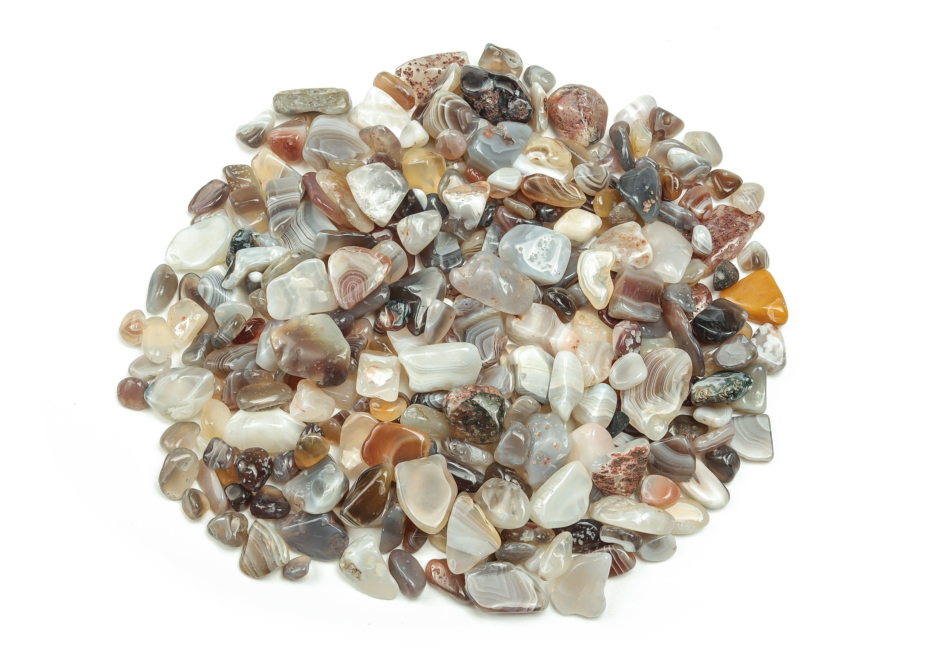 Botswana Agate crystal chips, semi-tumbled stones, 7-12mm, bulk gemstone from GemstoneGO, showcasing colorful banded agate slices.