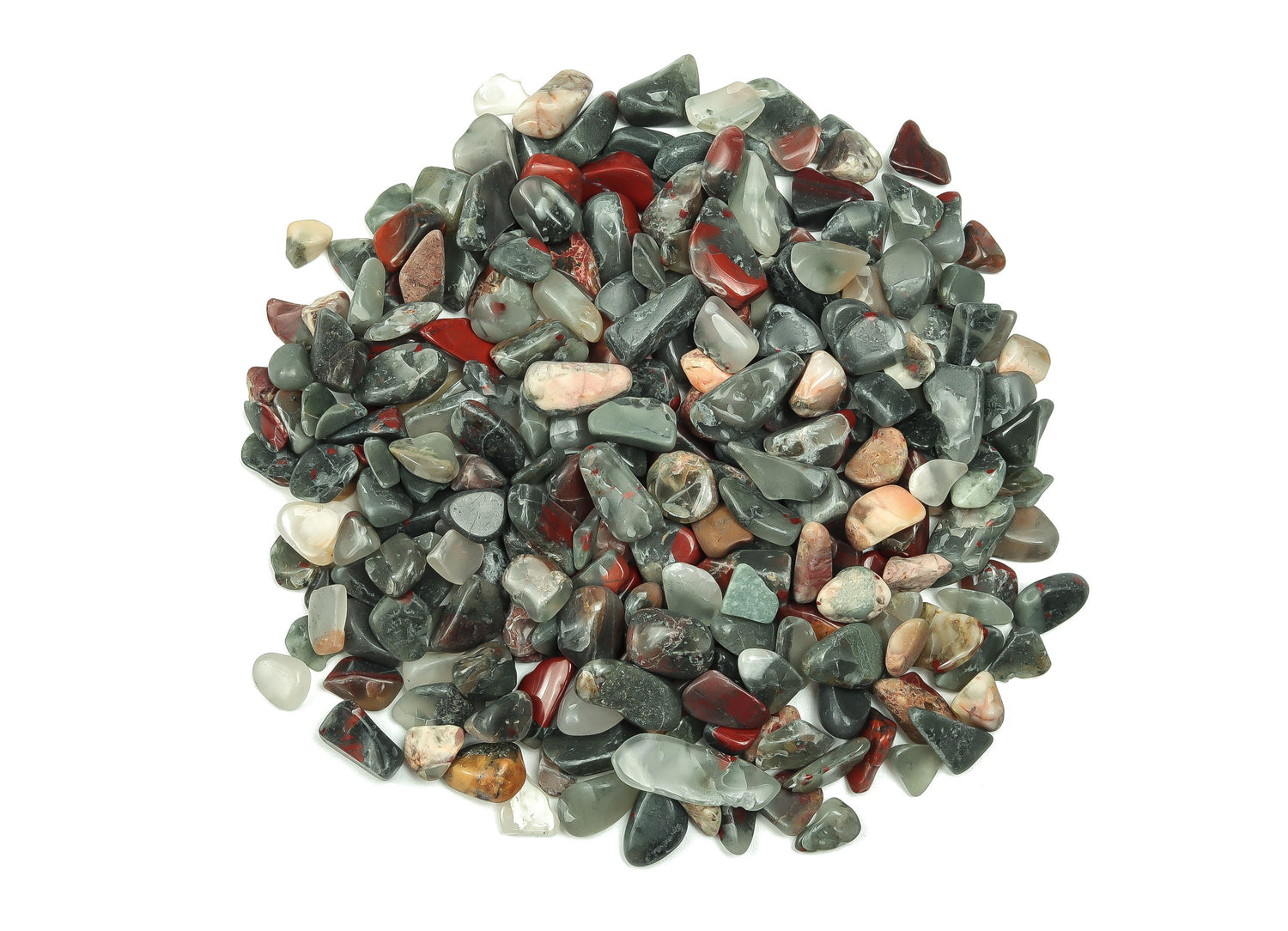 African Bloodstone crystal chips, semi-tumbled stones in bulk, 7-12mm, from GemstoneGO, showcasing rich red and green mineral patterns.