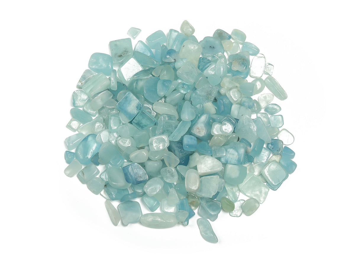 Semi-tumbled aquamarine crystal chips in 6-10mm, showcasing vibrant blue-green gemstone fragments for jewelry or craft projects.