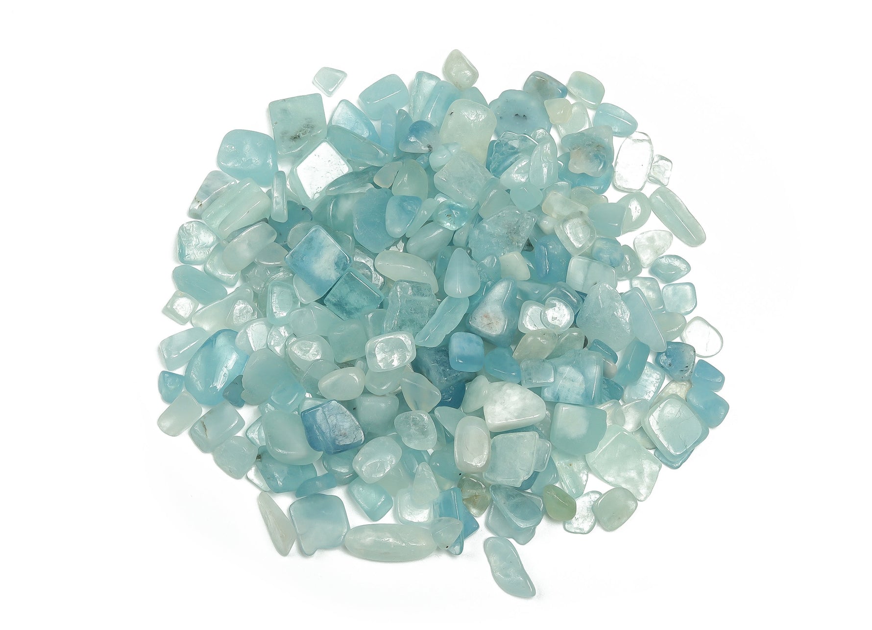 Semi-tumbled aquamarine crystal chips in 6-10mm, showcasing vibrant blue-green gemstone fragments for jewelry or craft projects.