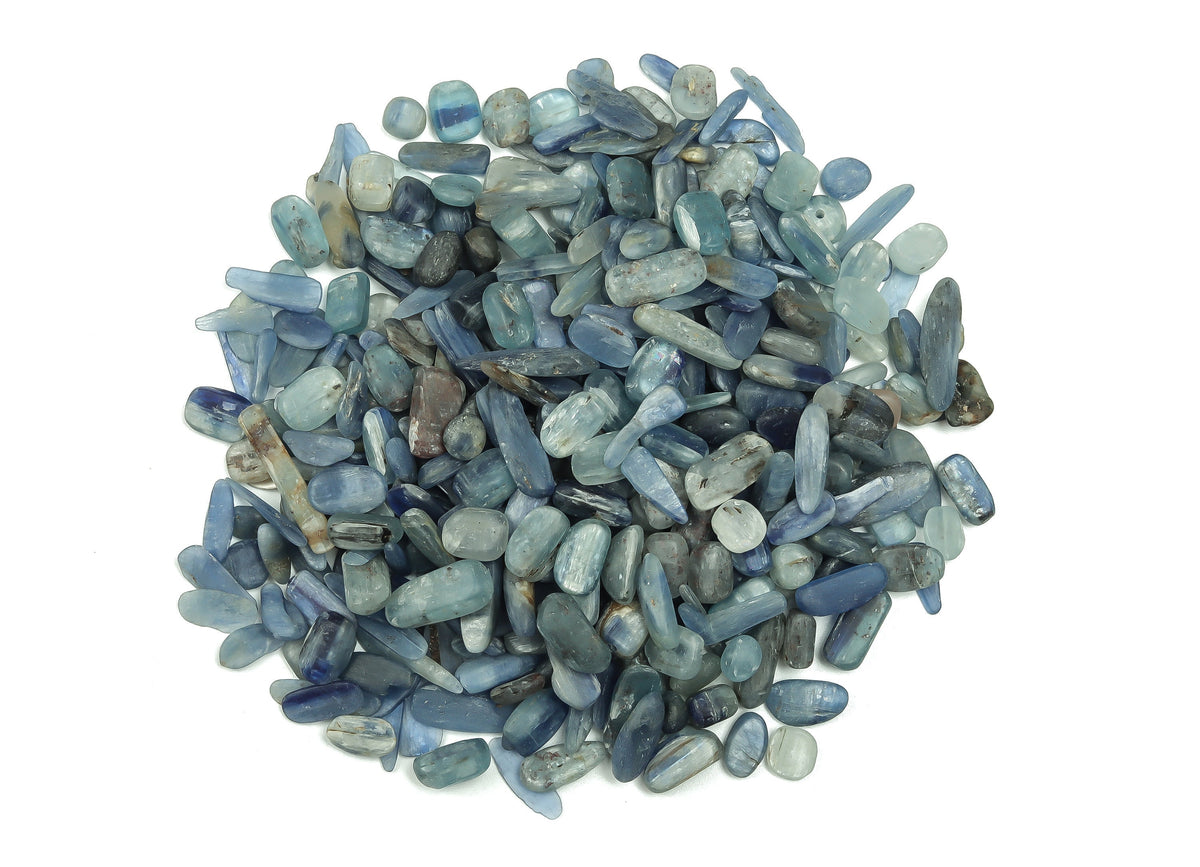 Semi-tumbled Kyanite crystal chips, 7-12mm bulk gemstones from GemstoneGO, showcasing vibrant blue mineral fragments.