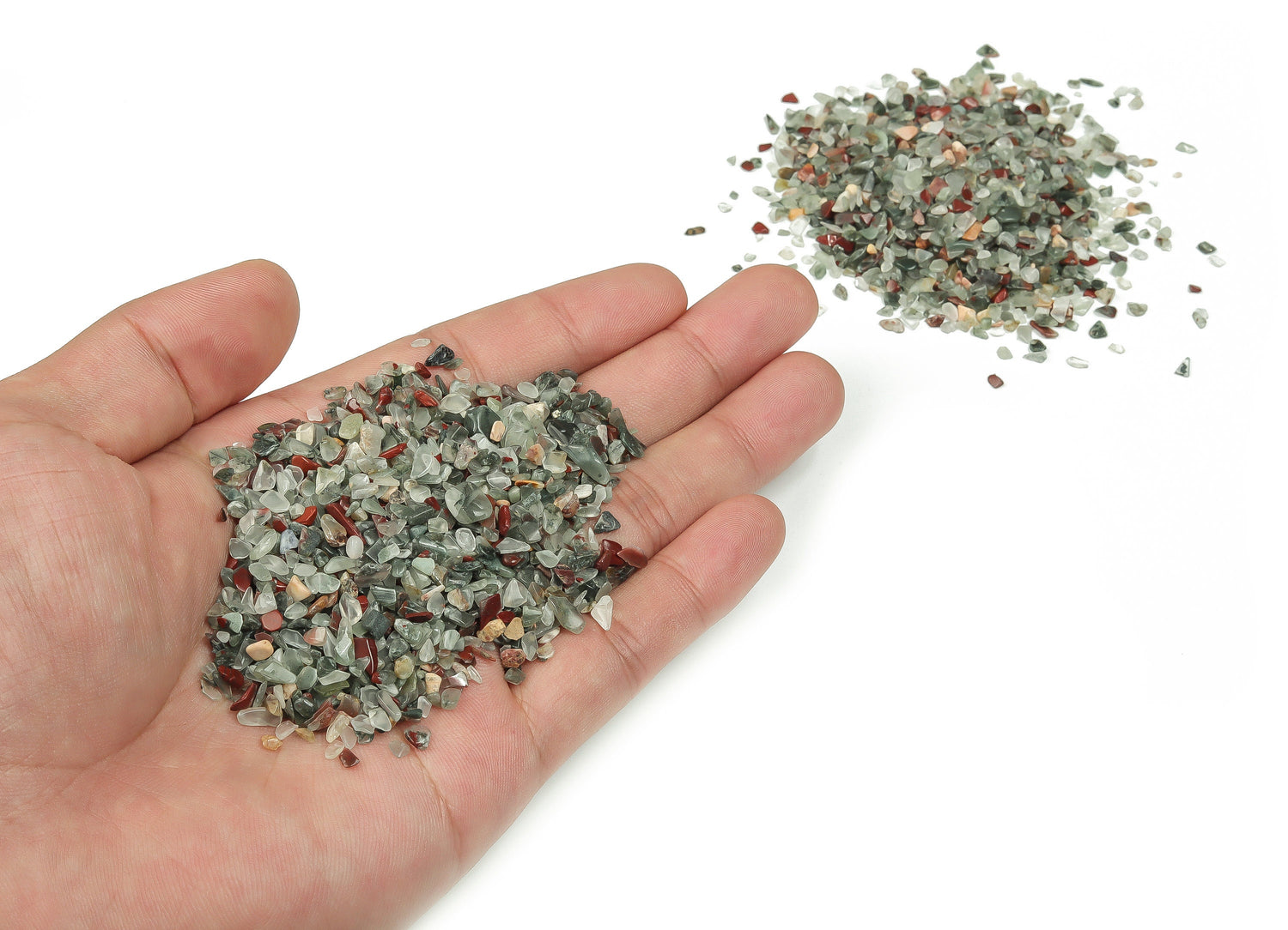 African Bloodstone crystal chips, semi-tumbled 2-6mm, from GemstoneGO, showing deep green and red mineral flecks in bulk.