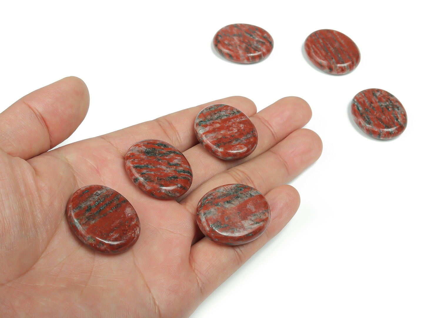 Red sesame jasper flat gemstone slab with natural patterns, measuring 30x25x7 mm, showcasing its vibrant red and earthy tones.