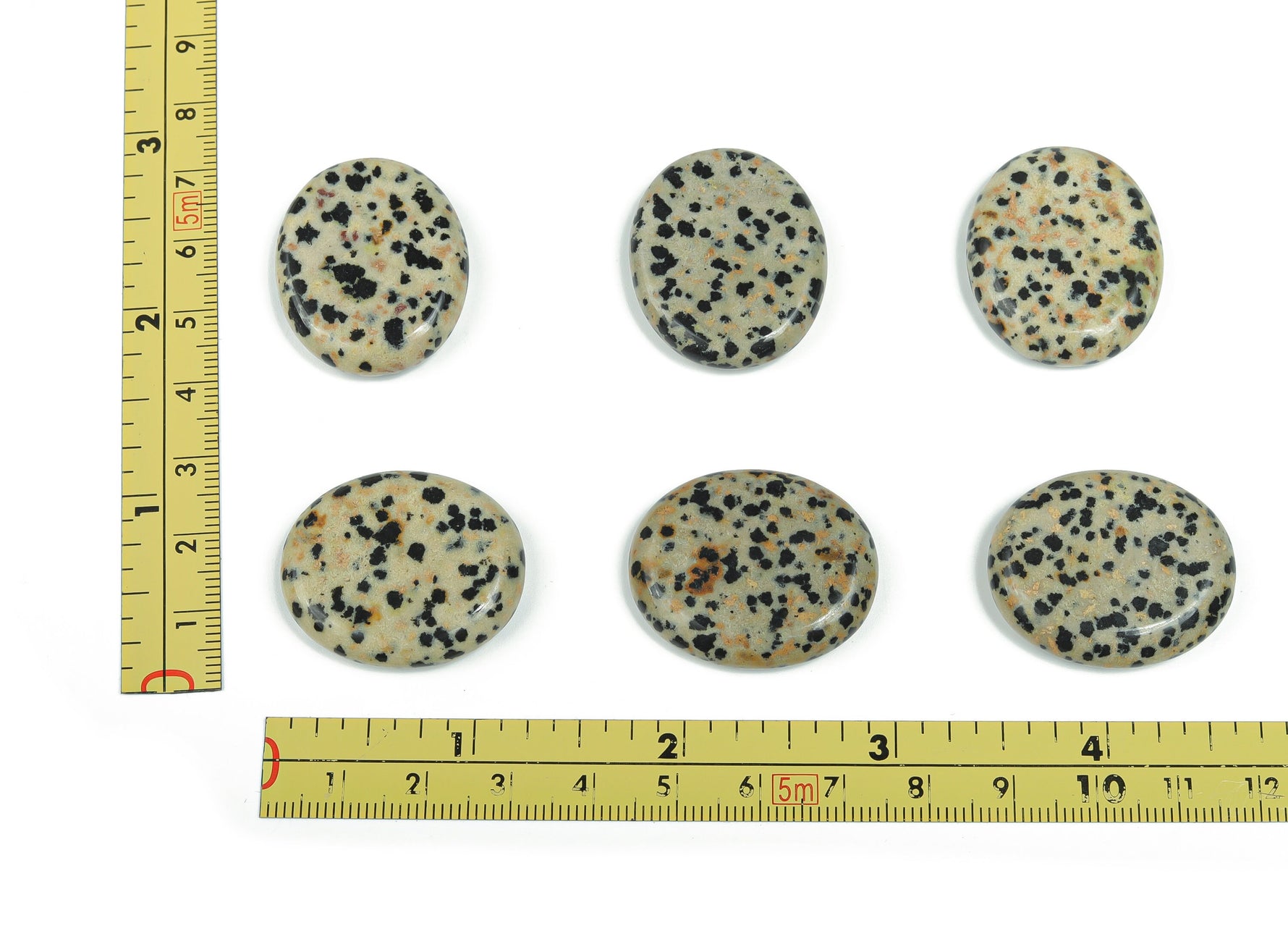 Dalmatian Jasper flat gemstone slab from GemstoneGO, 30x25x7 cm, showing distinctive black spots on creamy background.
