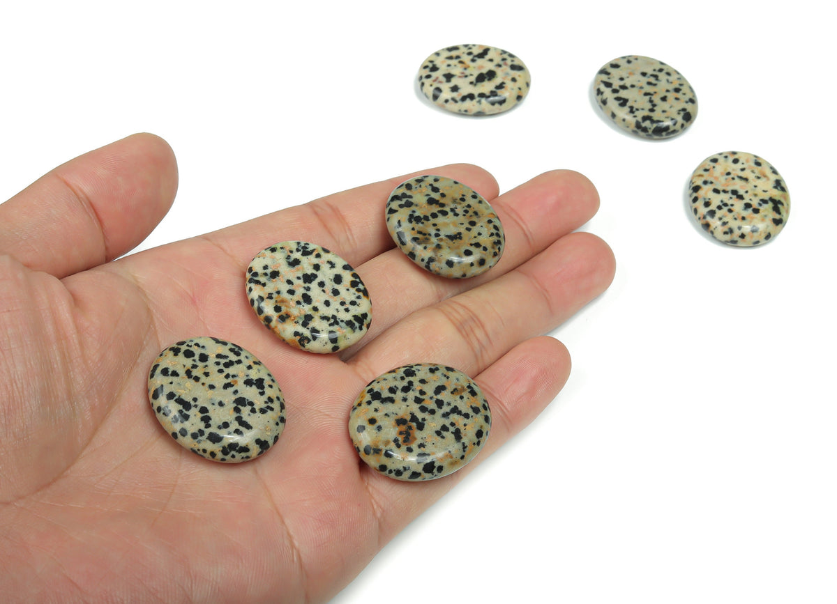 Dalmatian Jasper flat gemstone slab from GemstoneGO, 30x25x7 cm, showcasing unique black and cream spotted patterns.