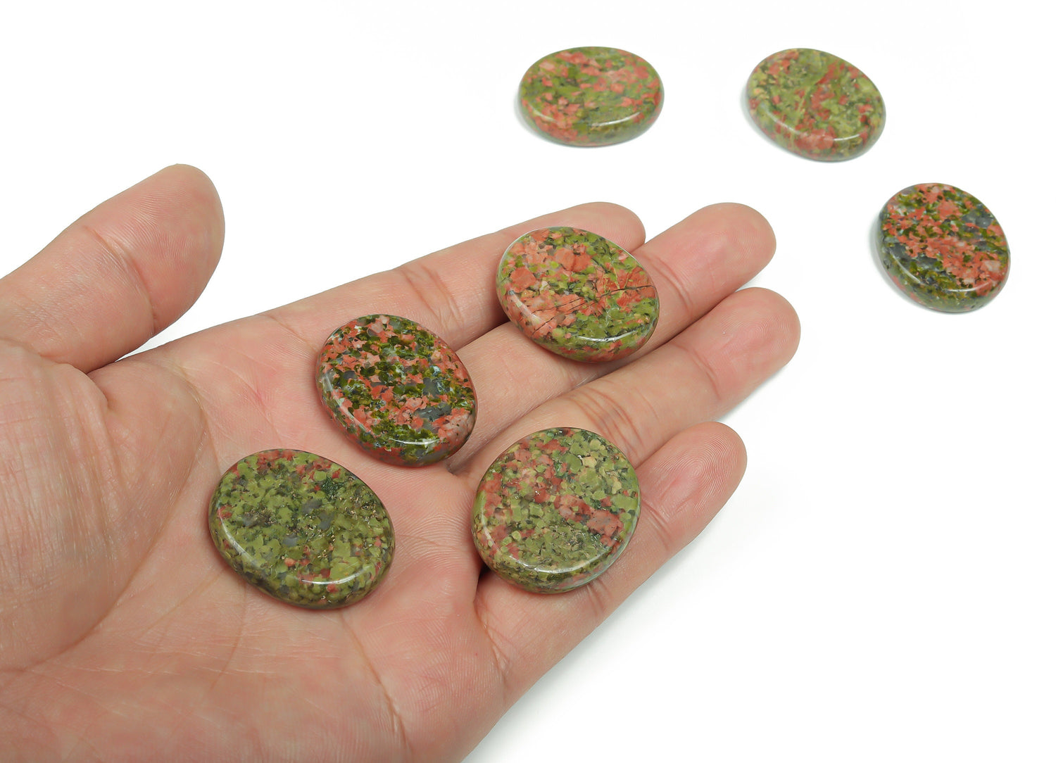 Unakite flat gemstone slab from GemstoneGO, showing a 30x25x7 cm colorful crystal with natural patterns and smooth edges.