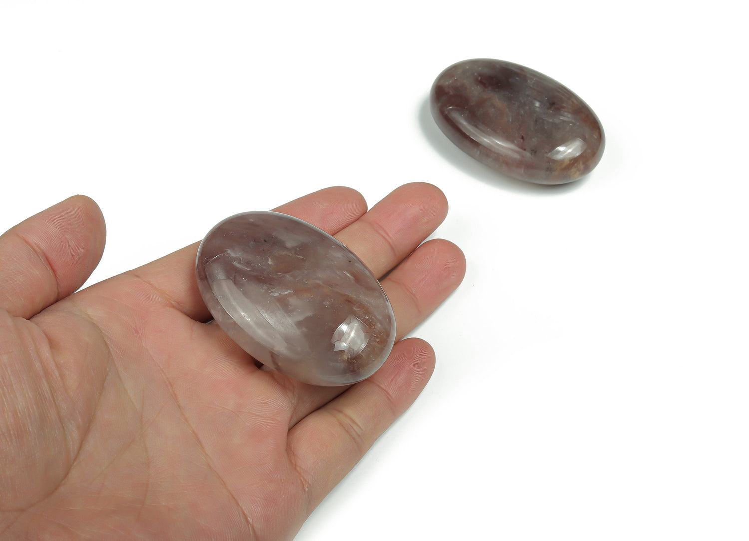 Strawberry Quartz palm gemstone spa stone, 60x40mm, polished gemstone with vibrant pink-red color and smooth surface.