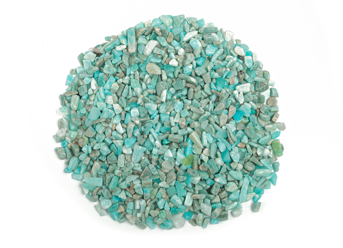 Amazonite crystal chips, semi-tumbled stones in 2-6mm, from GemstoneGO, displayed in a bulk pack with vibrant blue-green hues.