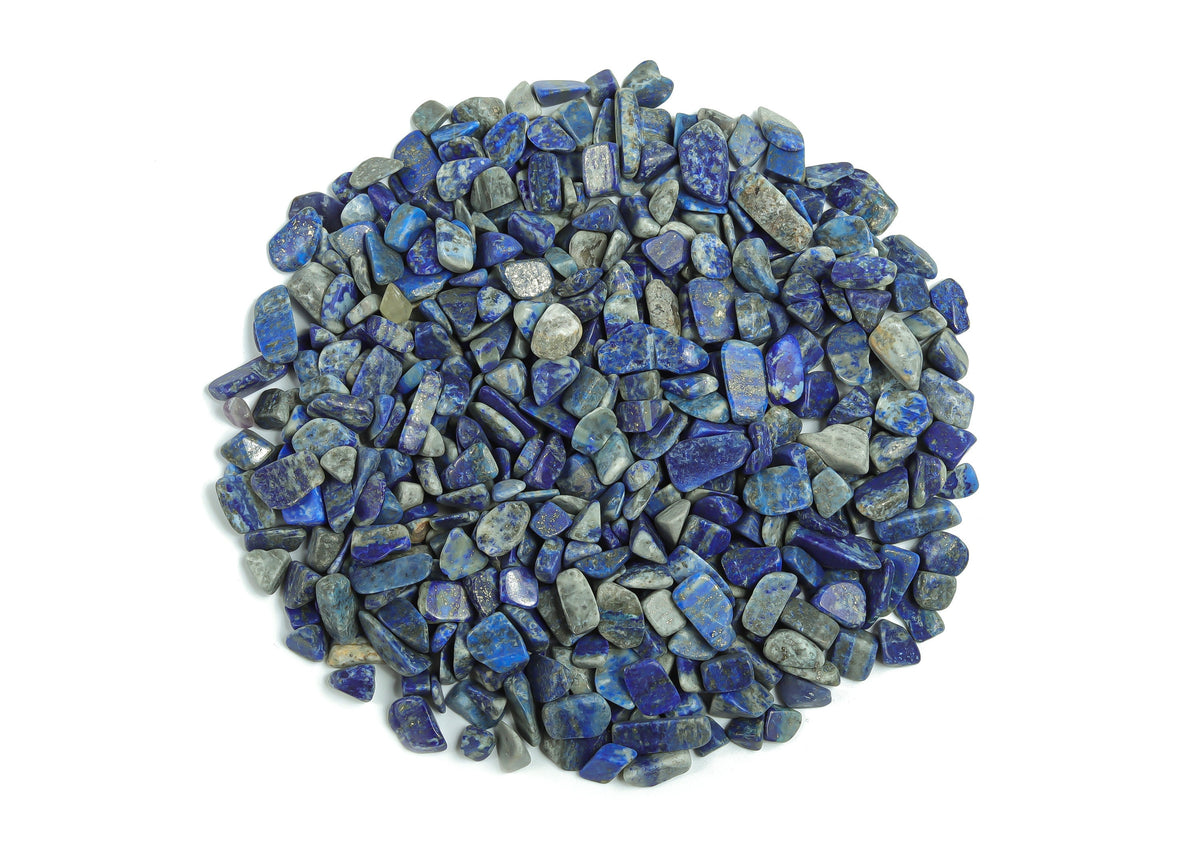 Lapis Lazuli crystal chips, semi-tumbled stones in 7-12mm, from GemstoneGO, natural deep blue with gold flecks, bulk lot
