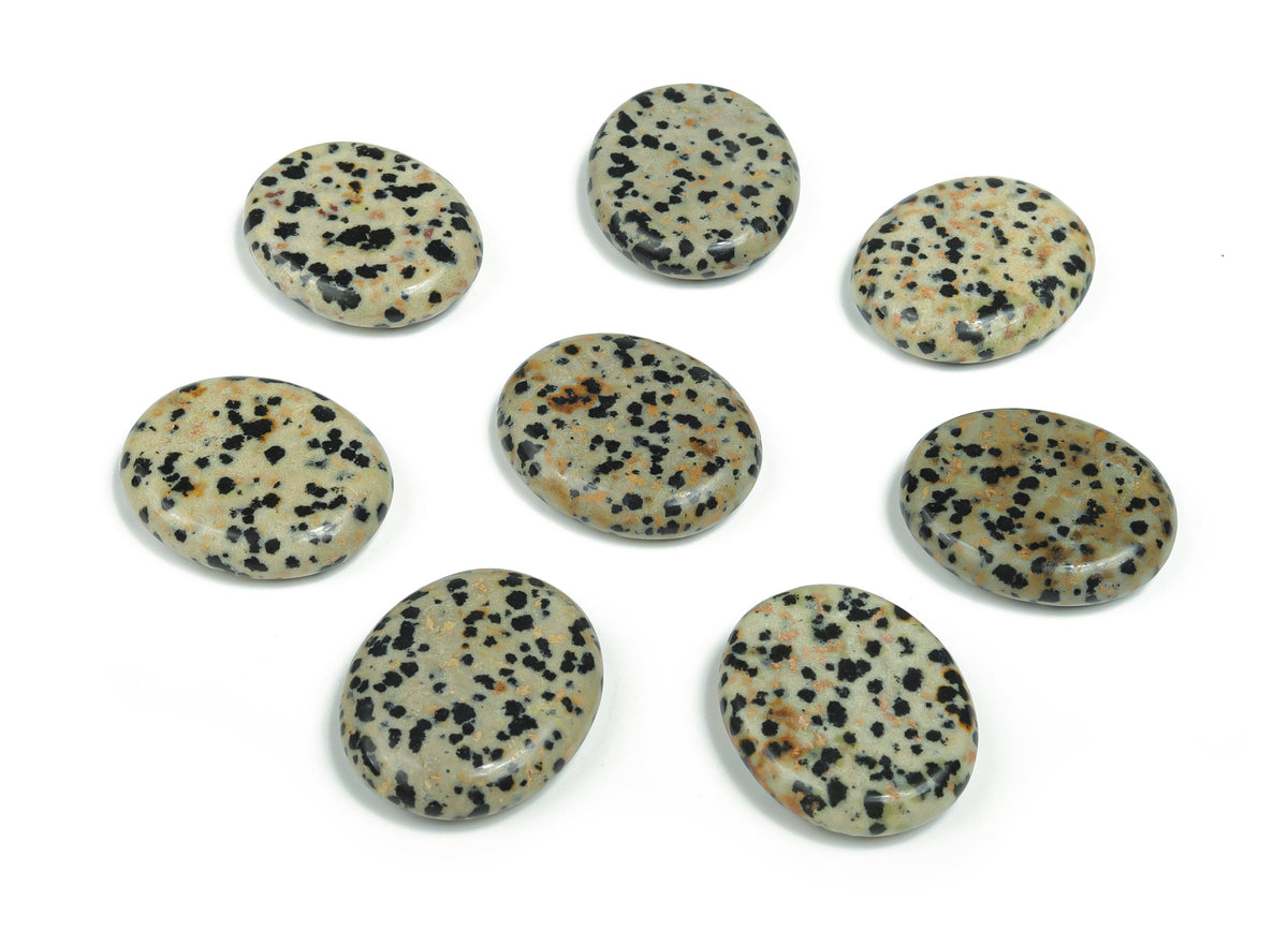 Dalmatian Jasper flat gemstone slab with black spots on beige background, measuring 30x25x7 mm, from GemstoneGO.
