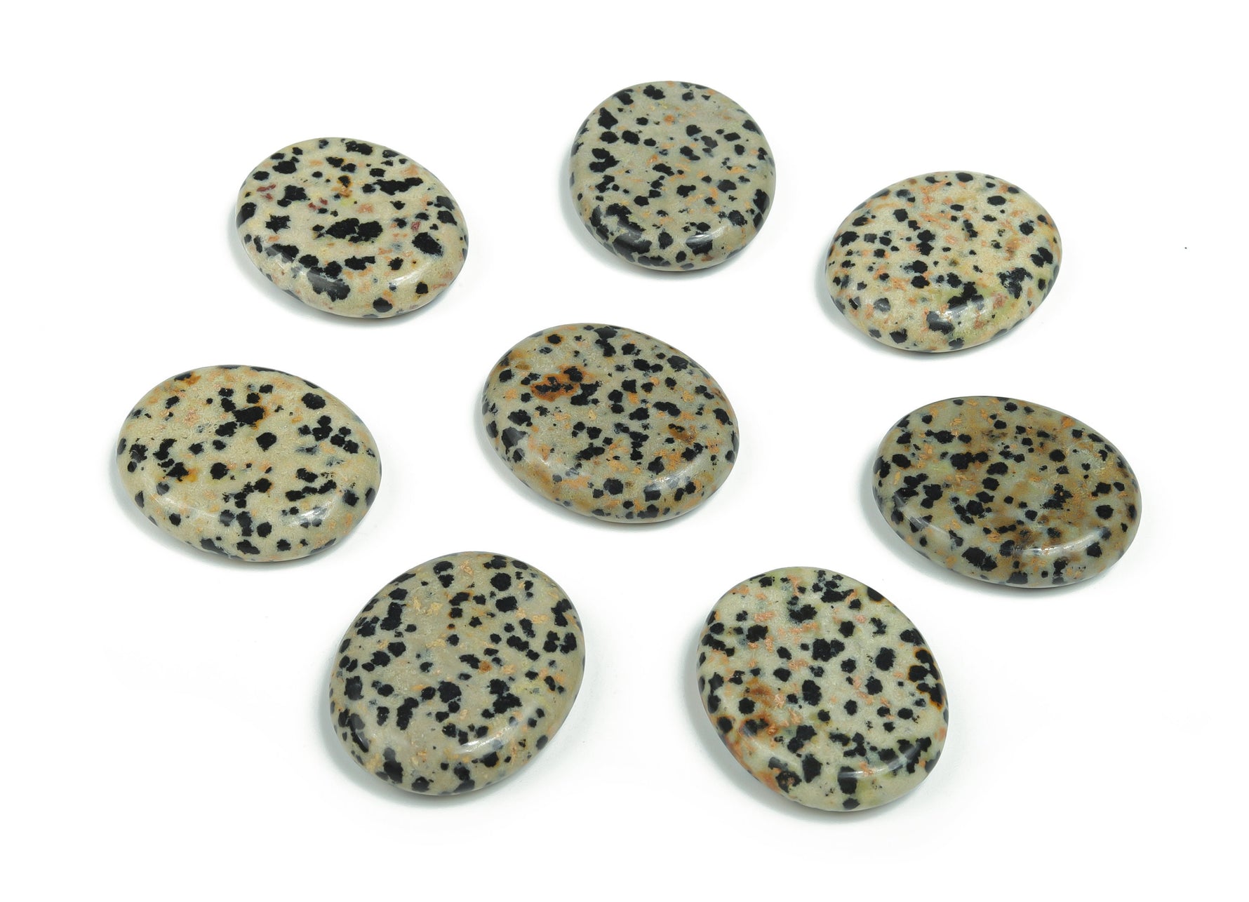 Dalmatian Jasper flat gemstone slab with black spots on beige background, measuring 30x25x7 mm, from GemstoneGO.