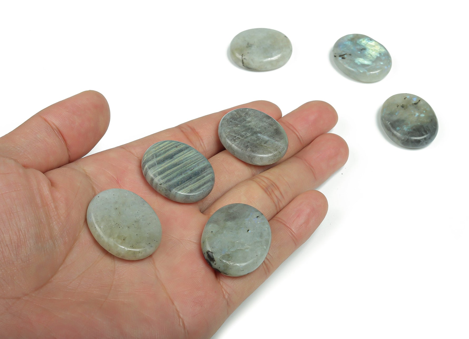 Labradorite flat gemstone slab with iridescent blue and green flashes, measuring 30x25x7 mm, from GemstoneGO.