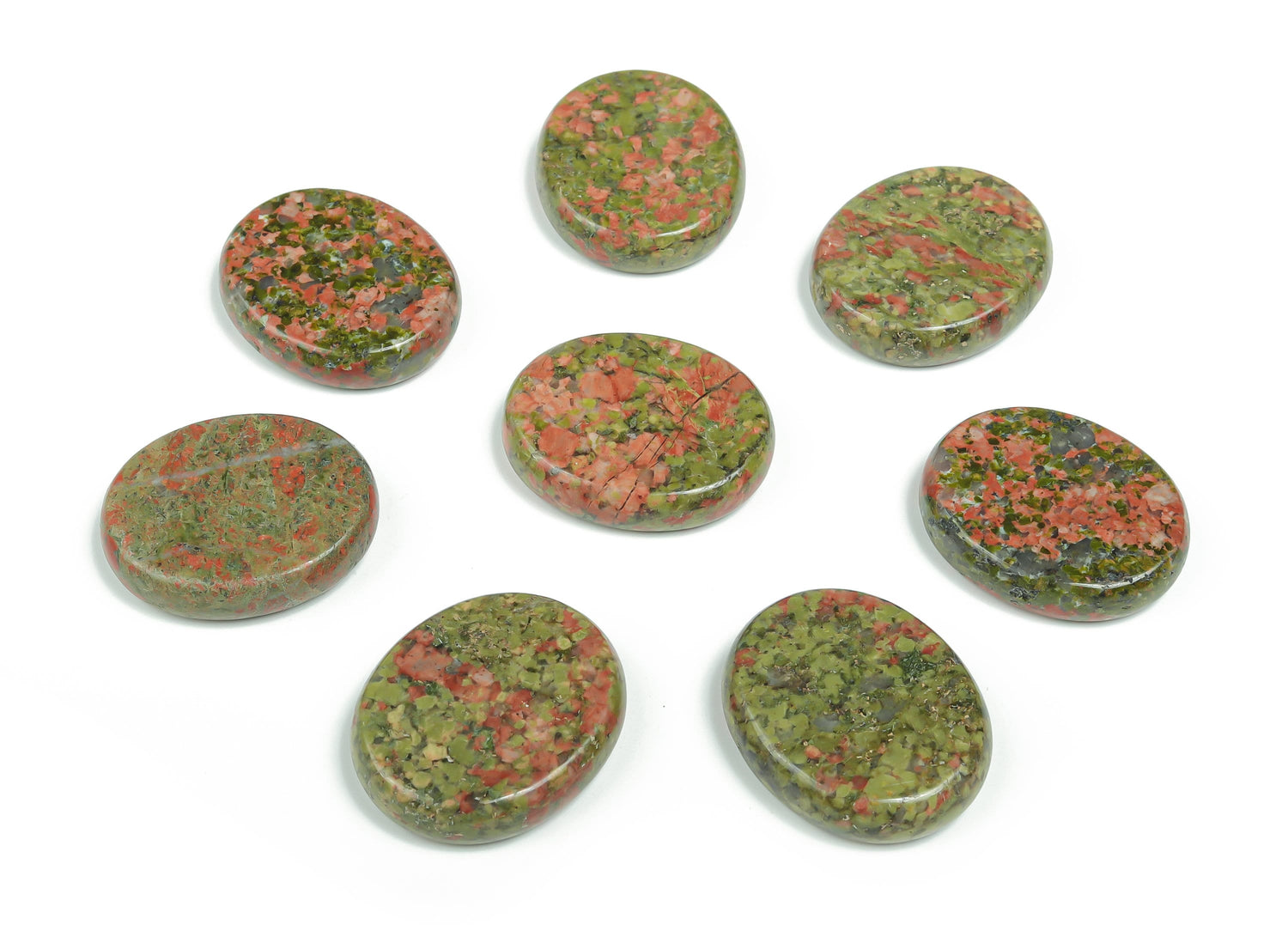Unakite flat gemstone slab from GemstoneGO, measuring 30x25x7 mm with vibrant green and pink hues, polished and cut for jewelry.