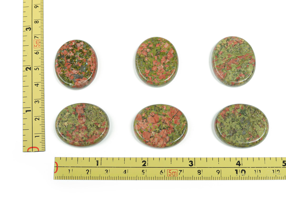 Unakite flat gemstone slab from GemstoneGO, 30x25x7 mm, showing vibrant green and pink mineral patterns on a polished surface.