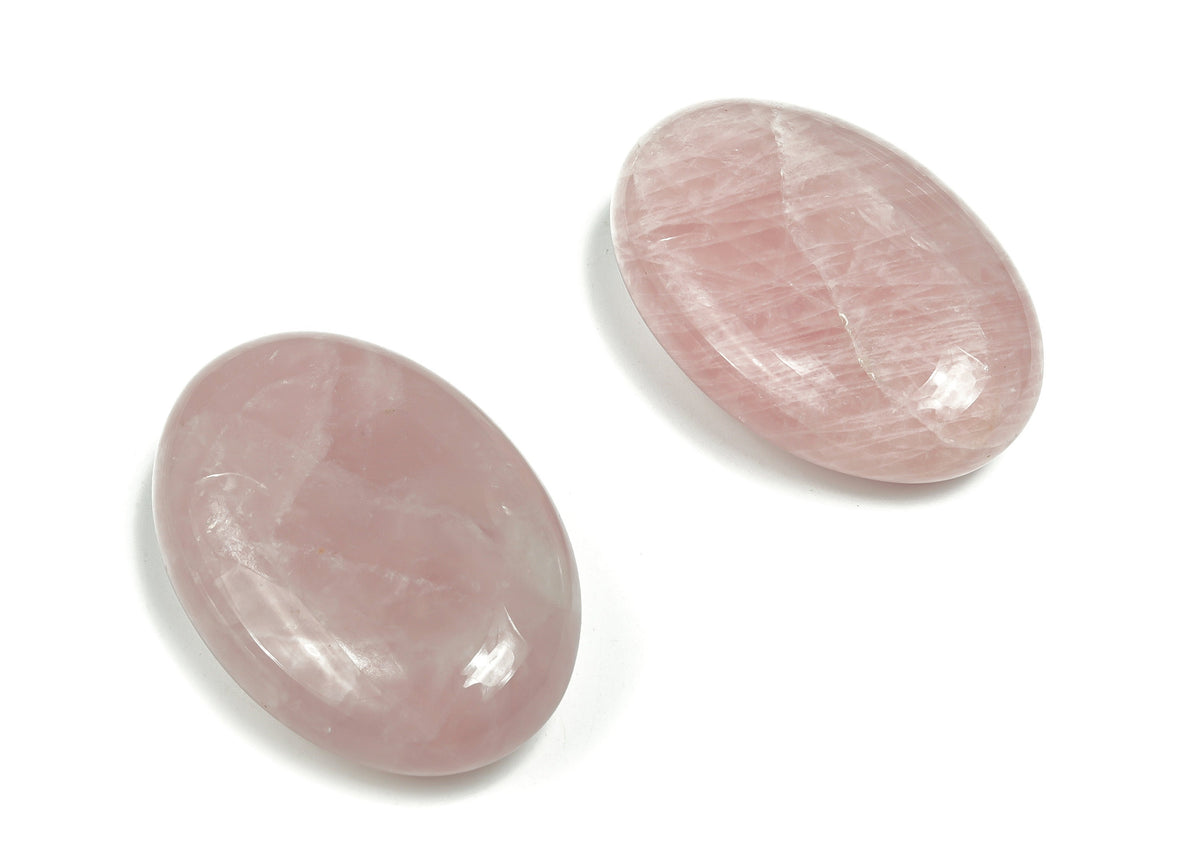 Rose quartz palm gemstone spa stone, 60x40mm, smooth polished natural pink crystal for relaxation and massage.