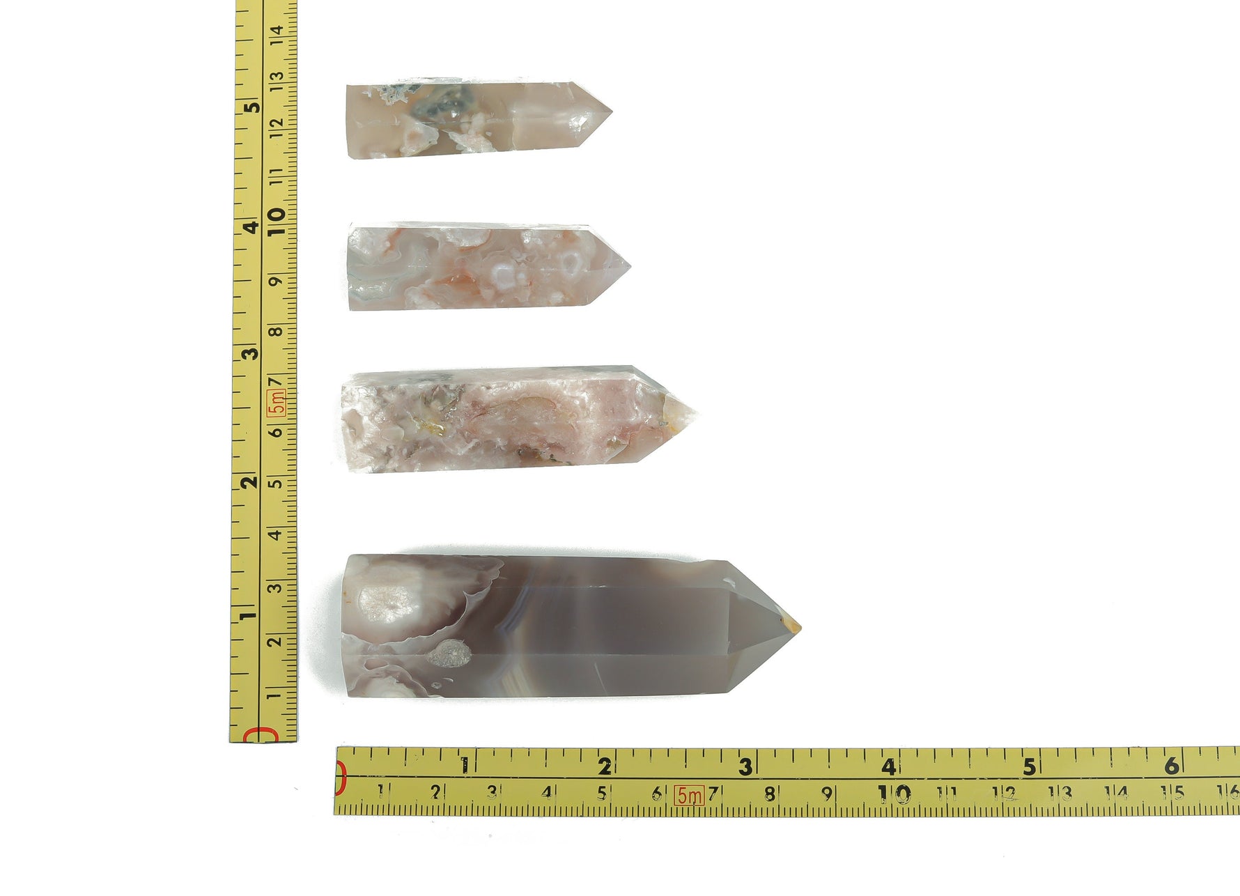 Flower Agate obelisk tower crystal with cherry blossom pattern, gemstone sculpture featuring vibrant pink and white hues from GemstoneGO.