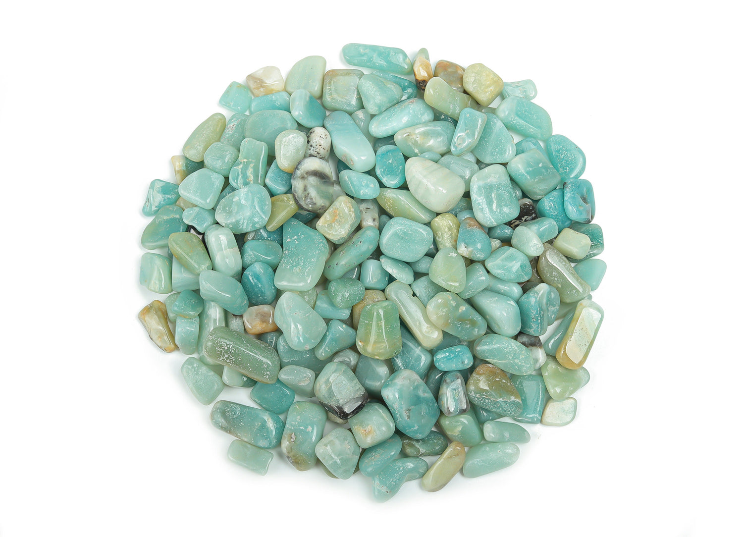 Caribbean Calcite crystal chips from GemstoneGO, semi-tumbled 5-8mm bulk stones with vibrant blue and green tones, natural mineral texture.