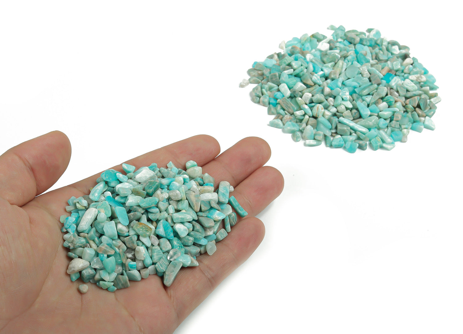 Amazonite crystal chips, semi-tumbled 2-6mm gemstones from GemstoneGO, shown in a close-up image.