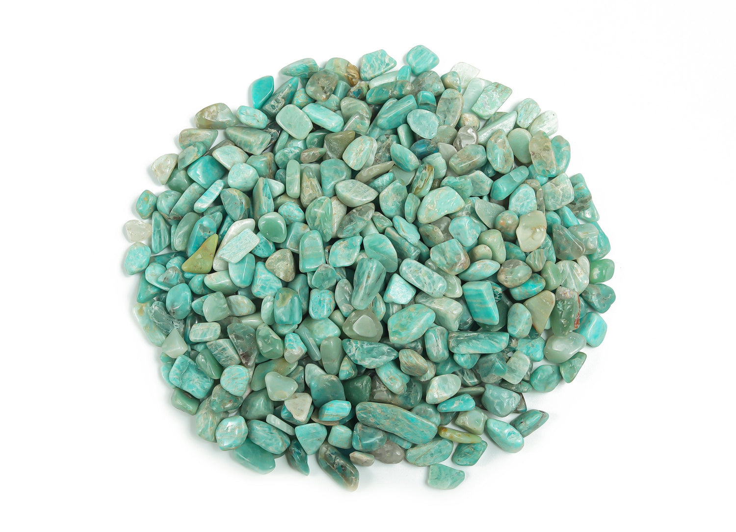 Amazonite crystal chips in 7-12mm semi-tumbled stones, shown in bulk with vibrant blue-green gemstone fragments.