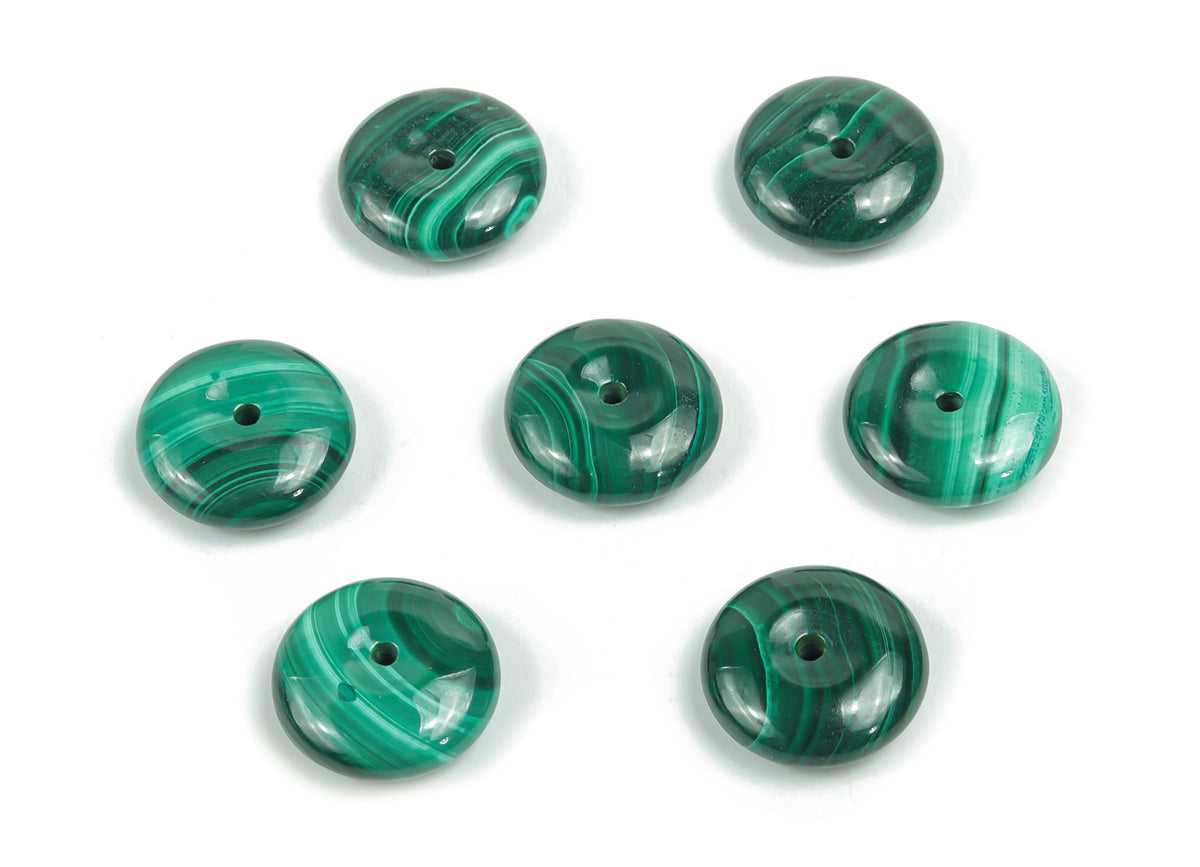 Malachite crystal donut pendant from GemstoneGO, 16mm Pi stone with vibrant green banded patterns on a smooth, polished surface.