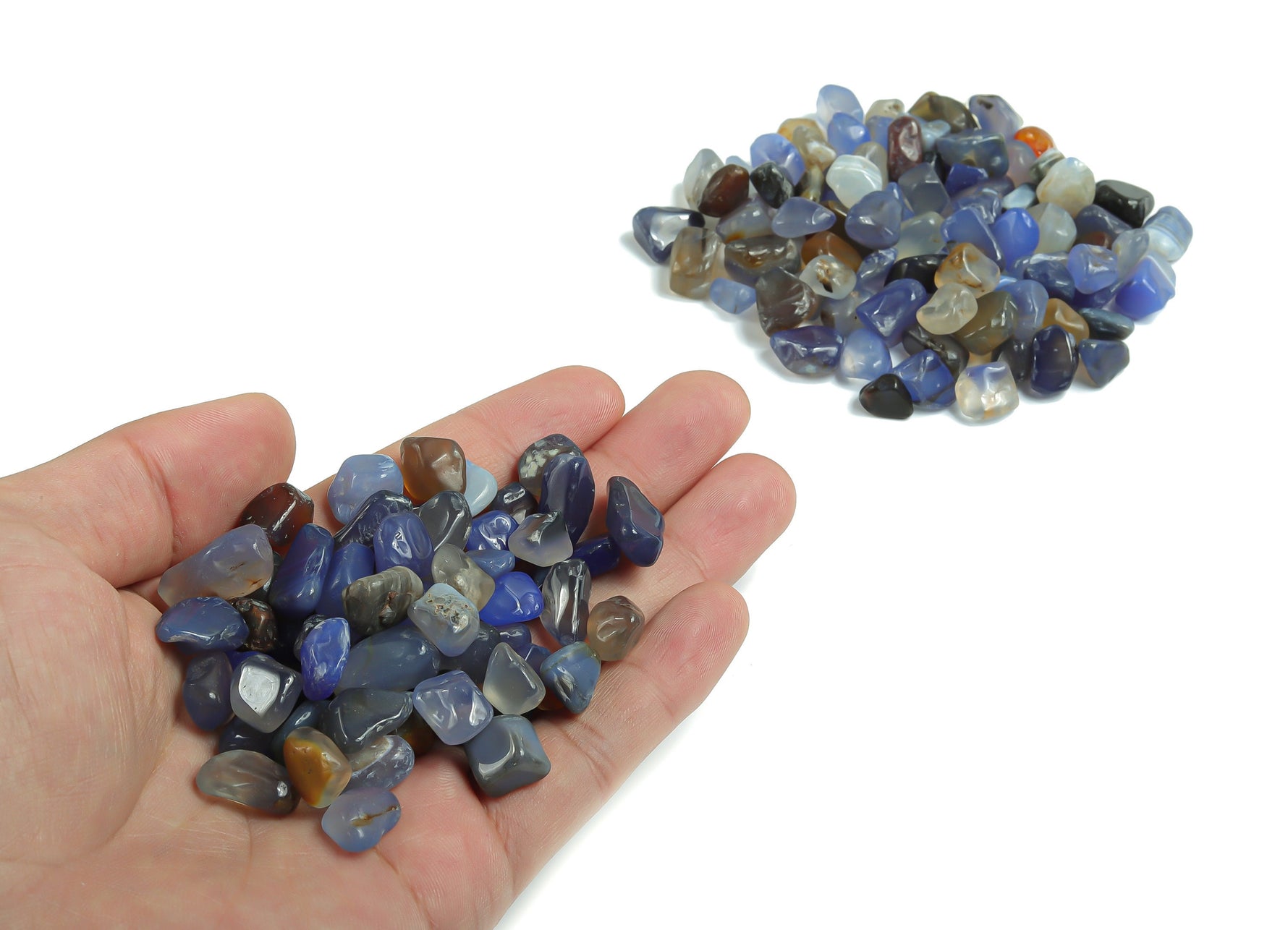 Blue Agate crystal chips, semi-tumbled stones, 5-8mm, bulk gemstones from GemstoneGO displayed in a close-up image.
