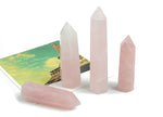 Rose Quartz obelisk tower crystal from GemstoneGO, showing a pink, polished gemstone with a pointed tip on a white background.