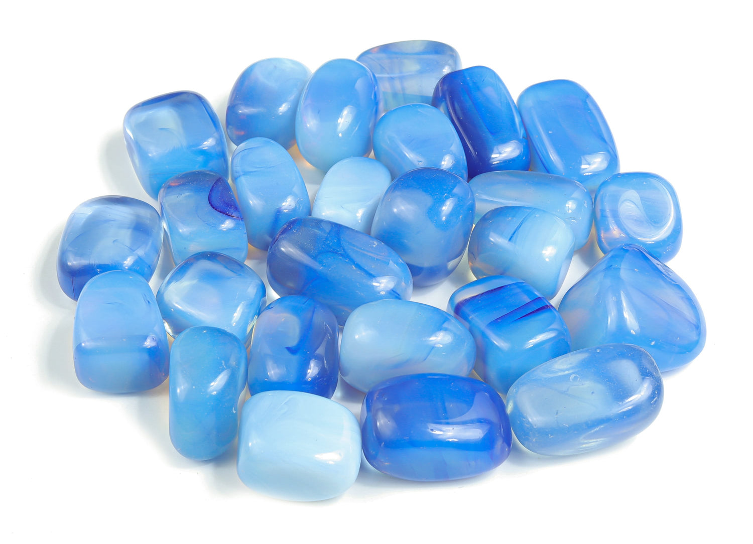 Blue opalite tumbled stone from GemstoneGO, showcasing smooth, polished blue and iridescent gemstone with natural variations.