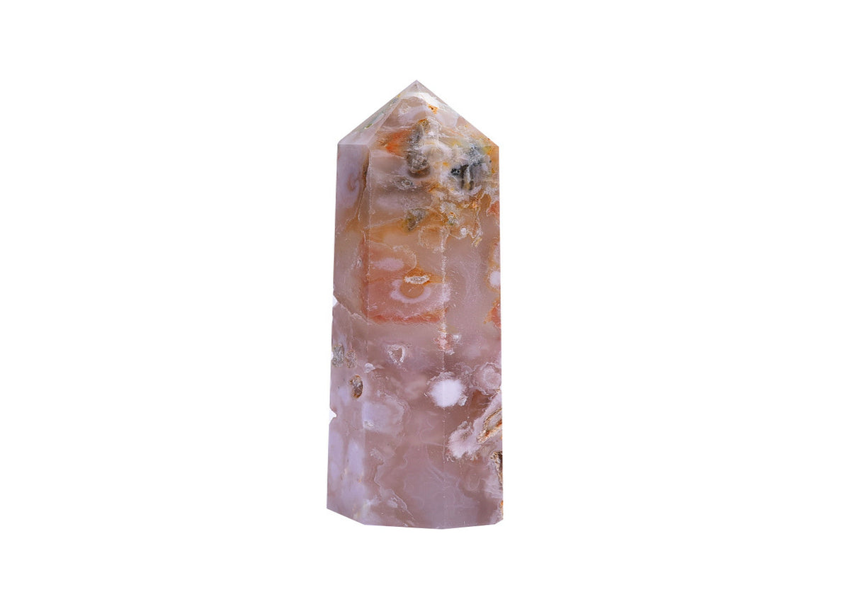 Cherry blossom Flower Agate obelisk crystal tower from GemstoneGO, featuring intricate pink and white natural stone patterns.