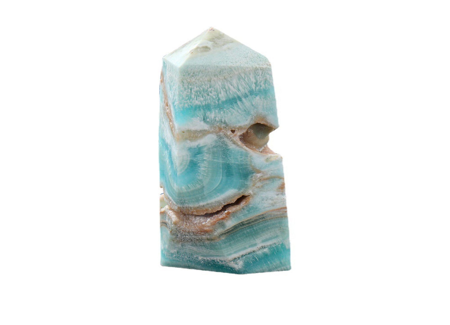 Blue Caribbean Calcite Druzy Obelisk Tower crystal from GemstoneGO, featuring a vibrant blue mineral with textured druzy surface.