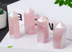 Angel Aura Rose Quartz obelisk tower crystal by GemstoneGO, showcasing a shimmering pink quartz crystal with iridescent aura finish.