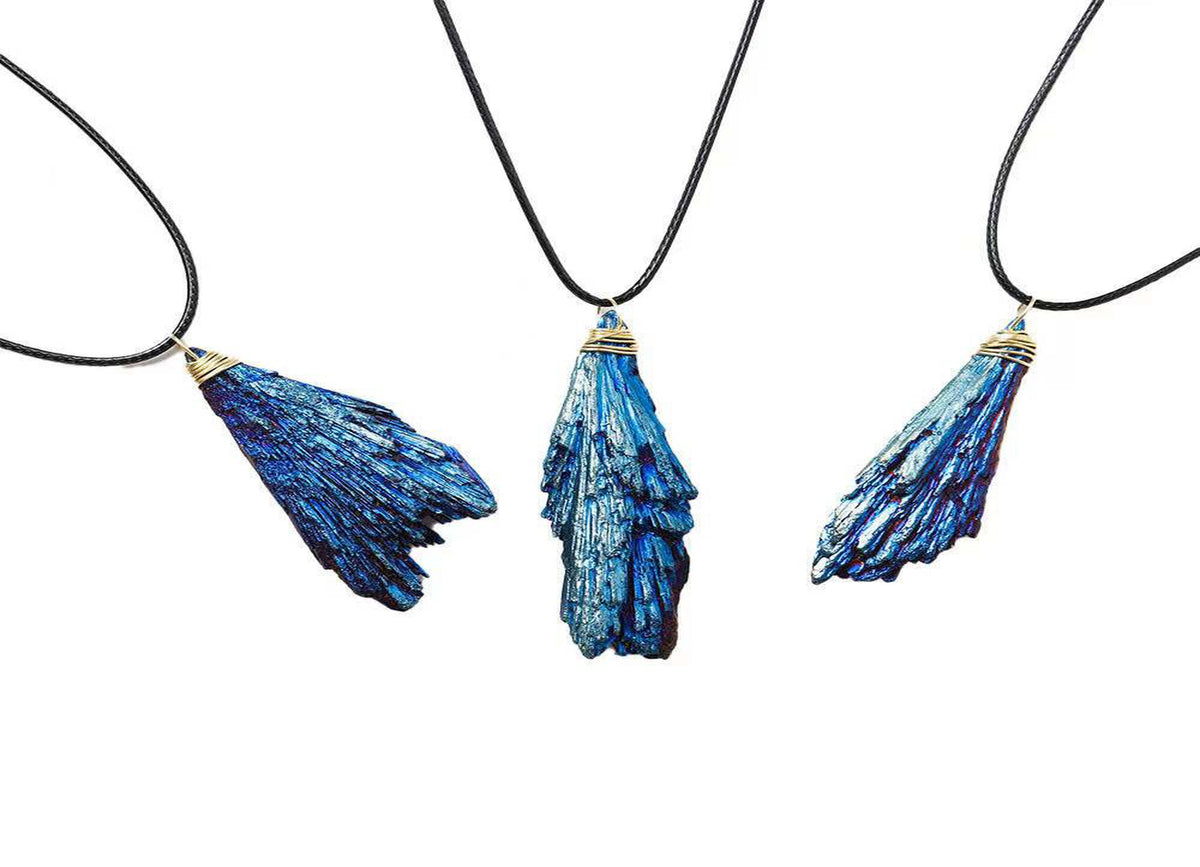 Blue Aura Kyanite fan crystal necklace with cord, showcasing a vibrant blue gemstone pendant from GemstoneGO.