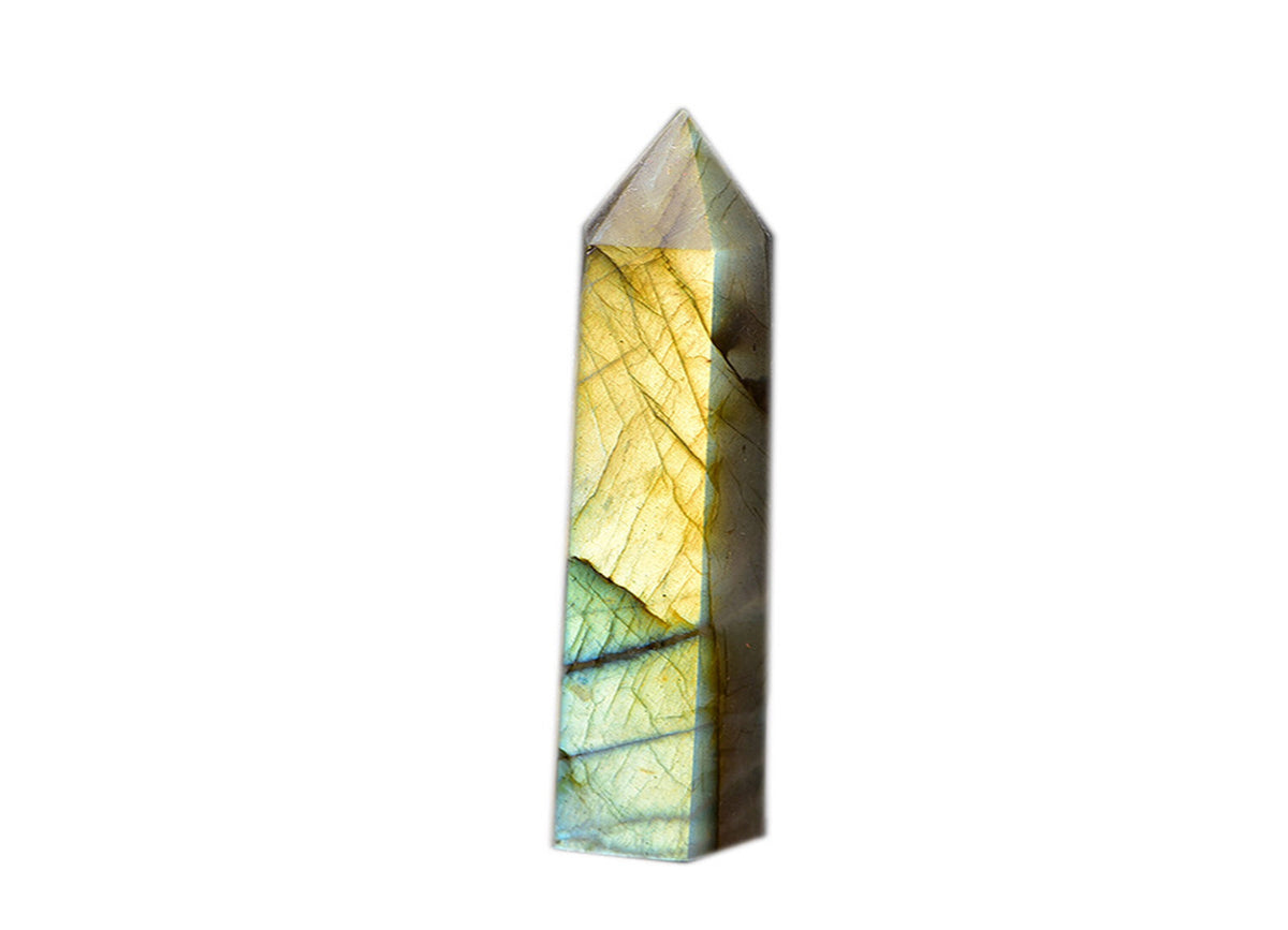 Labradorite obelisk tower crystal from GemstoneGO showcasing iridescent flashes and polished stone on a white background.
