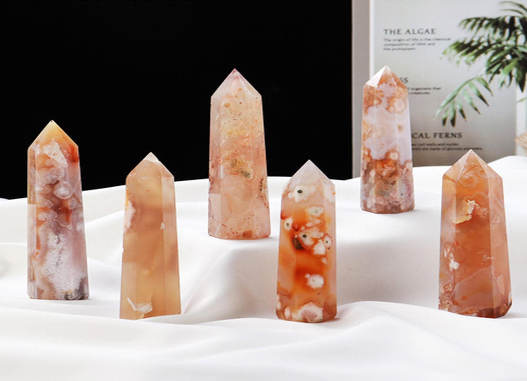 Flower Agate obelisk tower crystal with cherry blossom pattern, showcasing pink and white mineral formations by GemstoneGO.