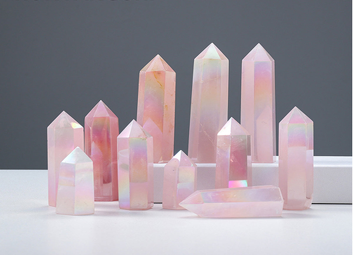 Angel Aura Rose Quartz obelisk tower crystal from GemstoneGO, featuring a luminous pink quartz gemstone with iridescent aura finish.
