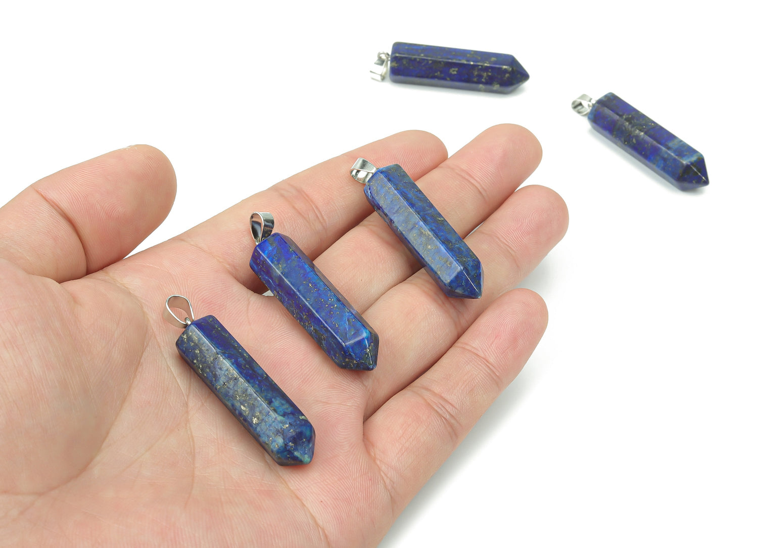 Lapis Lazuli crystal pendant with pointed shape, gemstone jewelry making supply by GemstoneGO, detailed blue stone with gold flecks