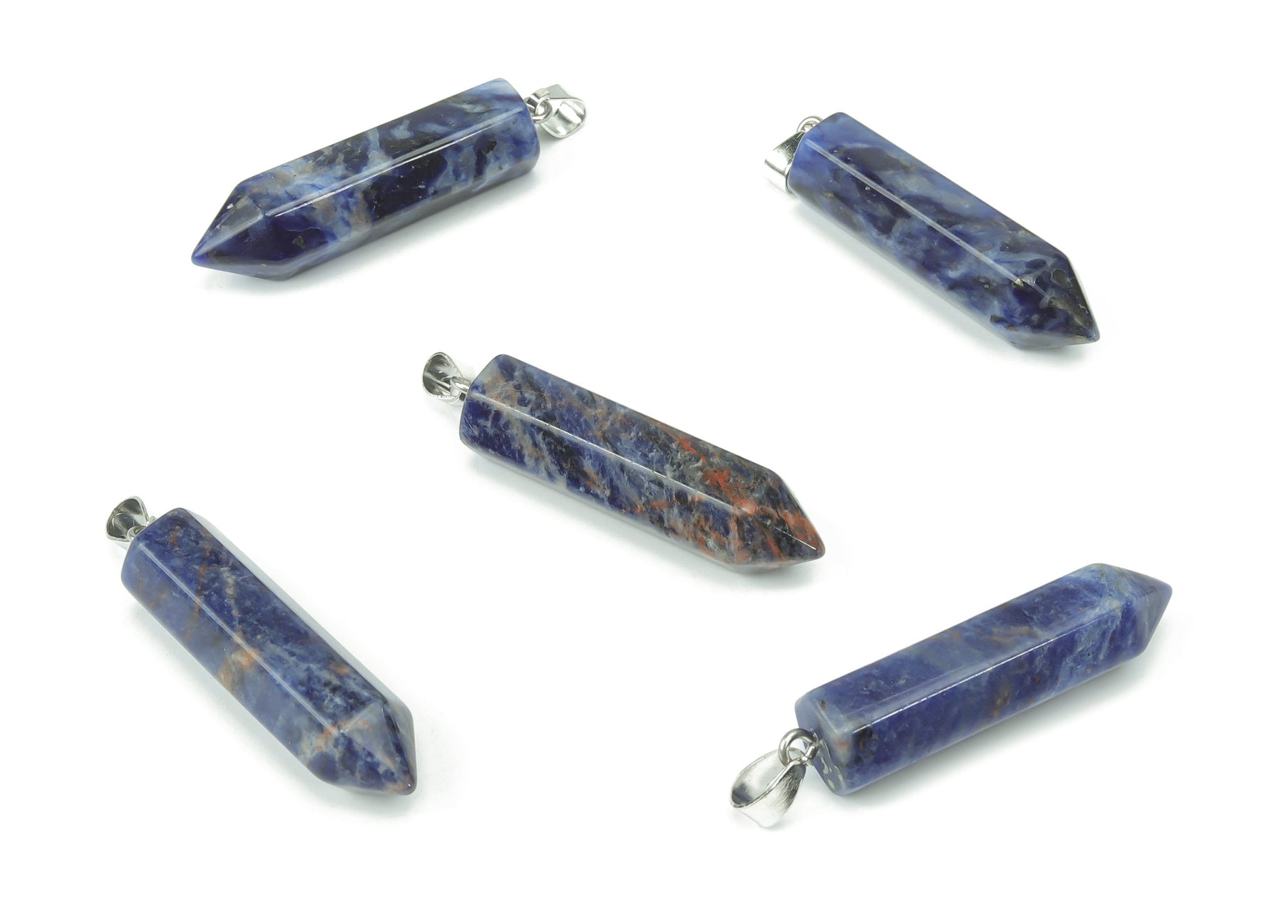 Sodalite point crystal pendant from GemstoneGO, used in jewelry making, showcasing a vibrant blue mineral with natural veining.