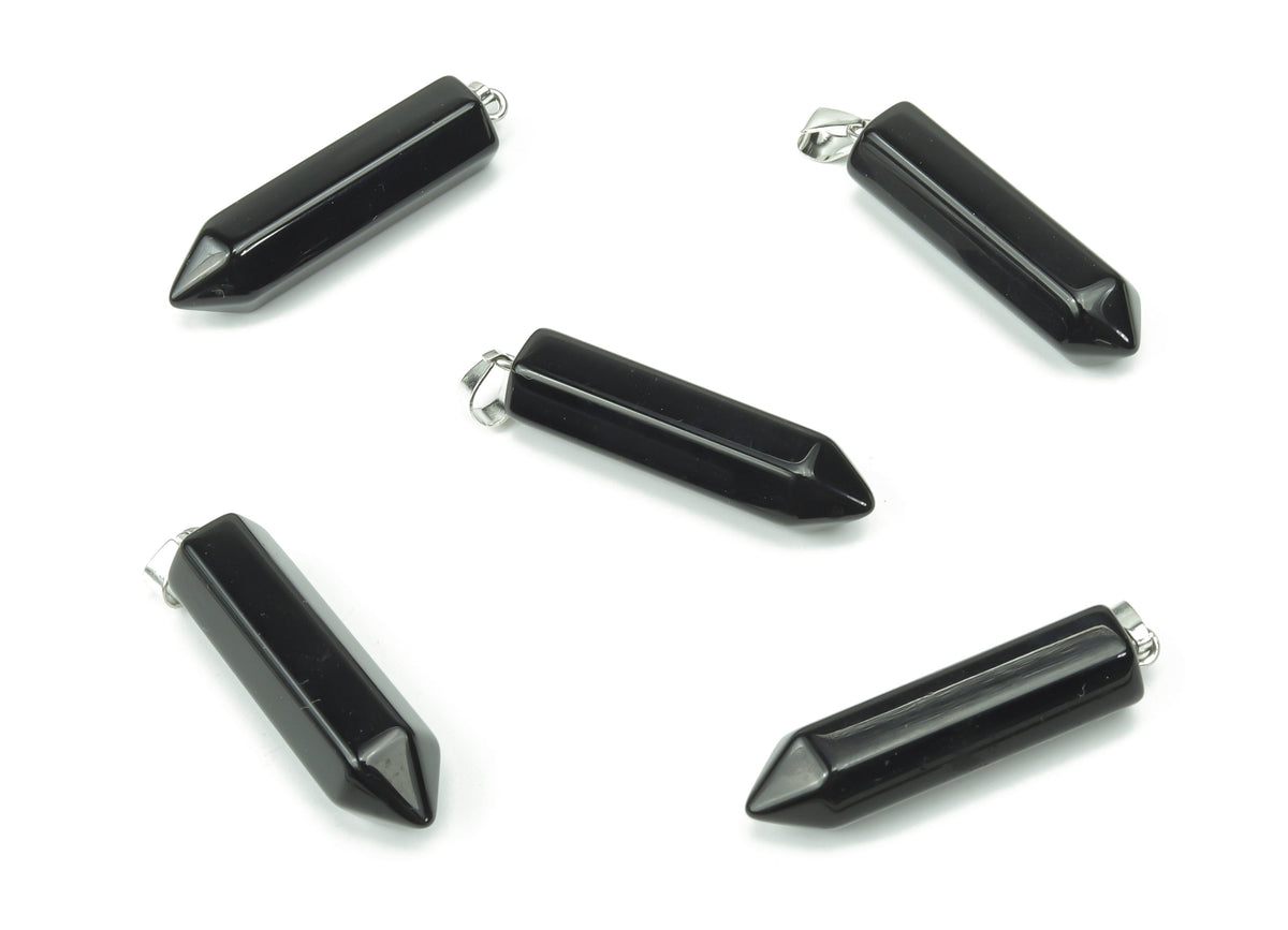 Obsidian point crystal pendant from GemstoneGO, showcasing a sleek black gemstone with pointed tip for jewelry making.