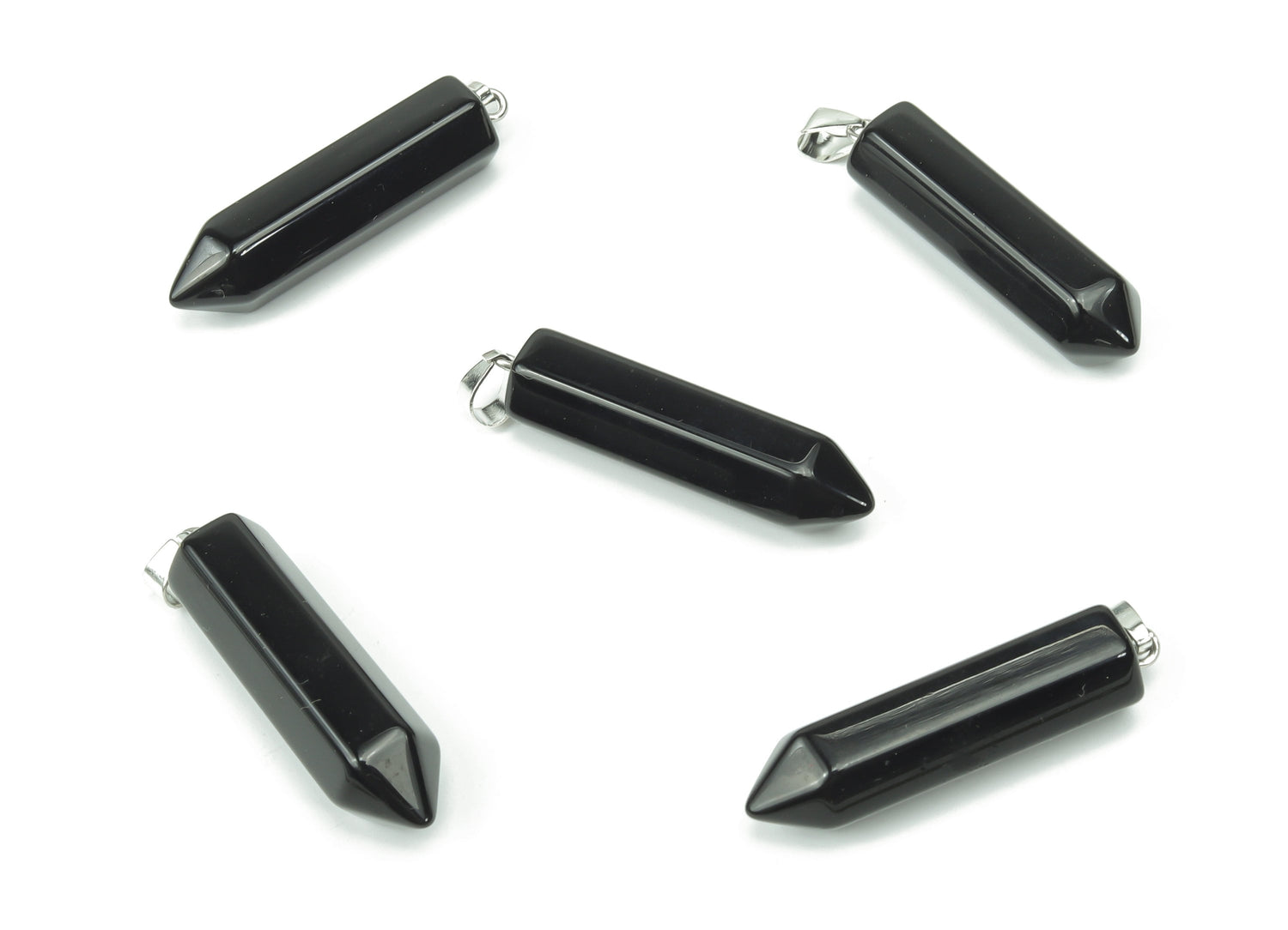 Obsidian point crystal pendant from GemstoneGO, showcasing a sleek black gemstone with pointed tip for jewelry making.
