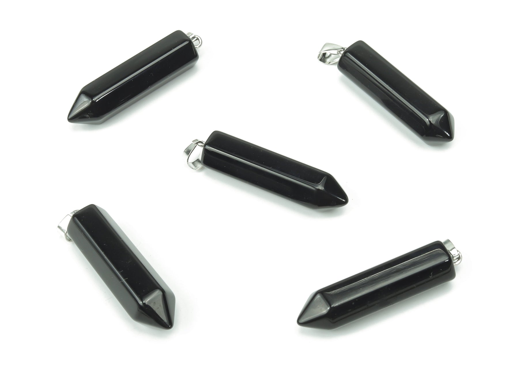 Obsidian point crystal pendant from GemstoneGO, showcasing a sleek black gemstone with pointed tip for jewelry making.