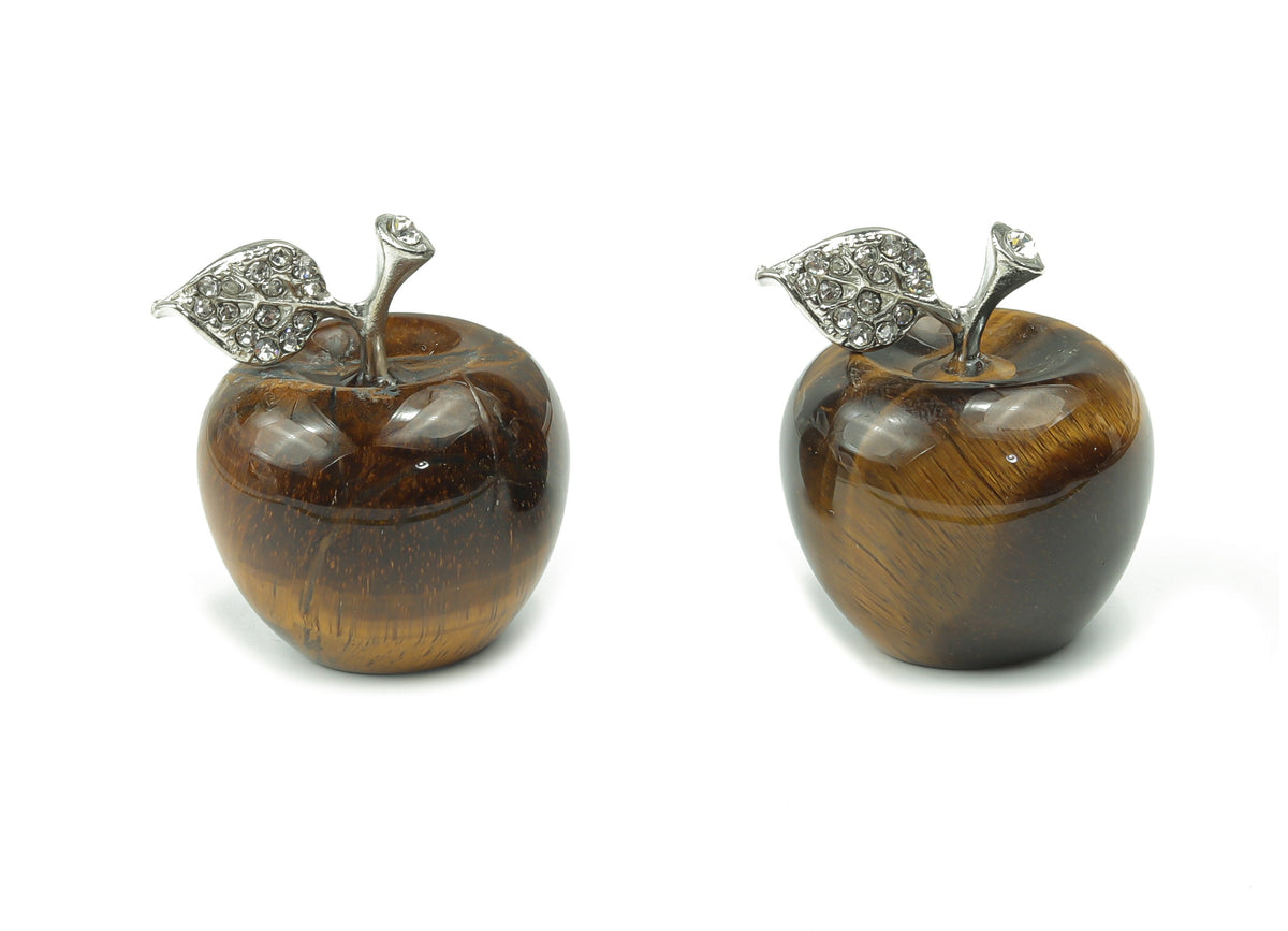 Tiger Eye Apple crystal carving from GemstoneGO, 30mm gemstone sculpture with detailed tiger eye stone features.