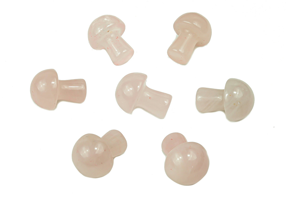 Pink rose quartz mushroom carved gemstone, 20mm, from GemstoneGO, featuring smooth polished surface and detailed mushroom shape.