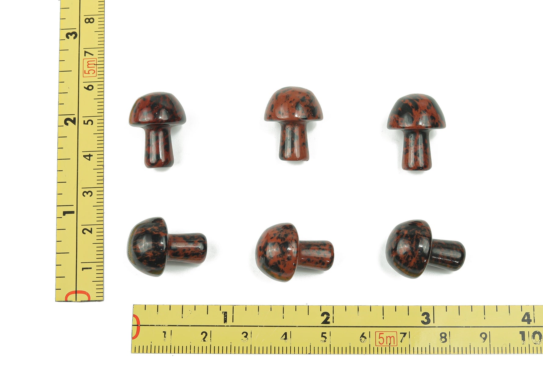 Mahogany Obsidian mushroom carved gemstone, 20mm, from GemstoneGO, showcasing detailed natural stone carving and rich reddish-brown color.